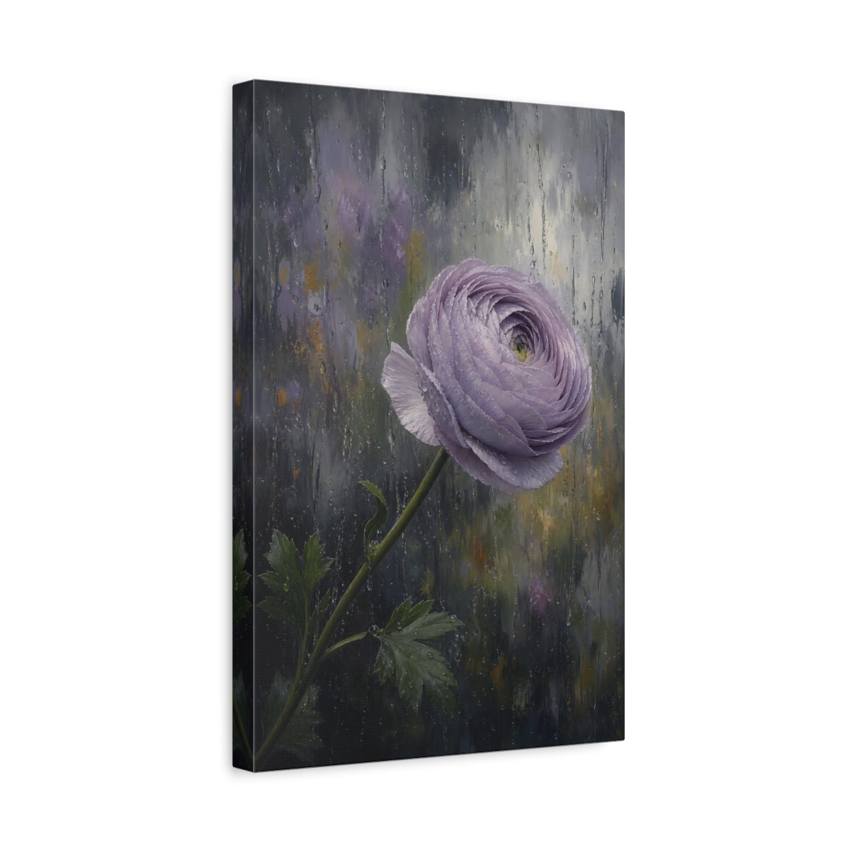 Side Mockup 4. Floral Ranunculus Flower Purple Ranunculus Rain shown as stretched canvas wall art