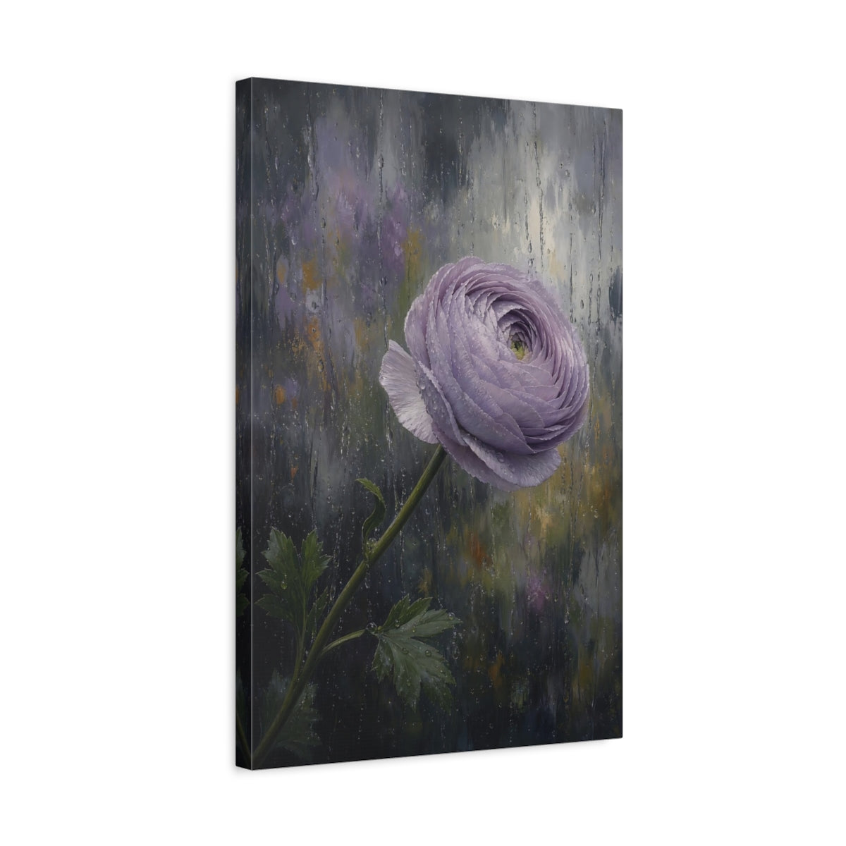 Side Mockup 3. Floral Ranunculus Flower Purple Ranunculus Rain shown as stretched canvas wall art