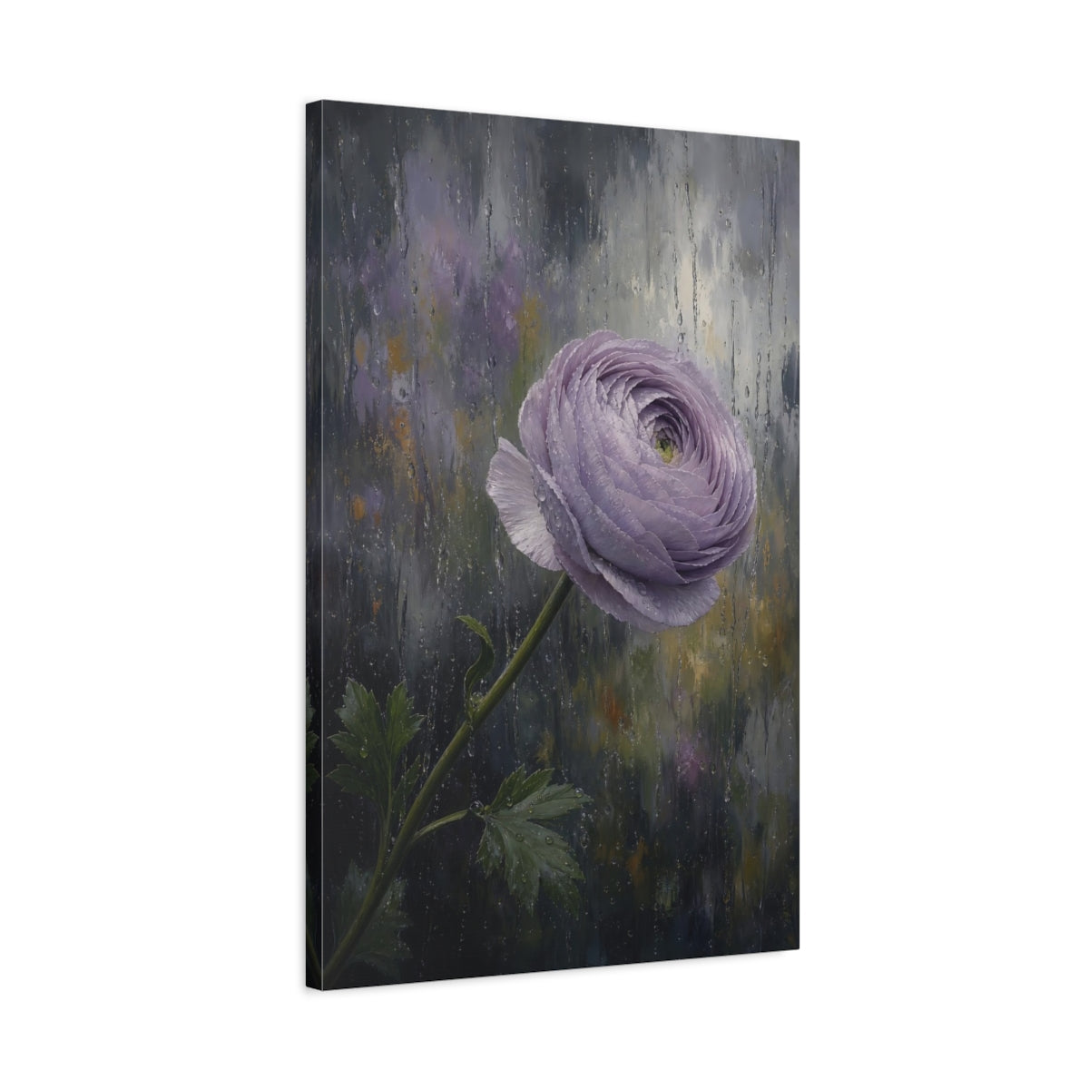 Side Mockup 2. Floral Ranunculus Flower Purple Ranunculus Rain shown as stretched canvas wall art