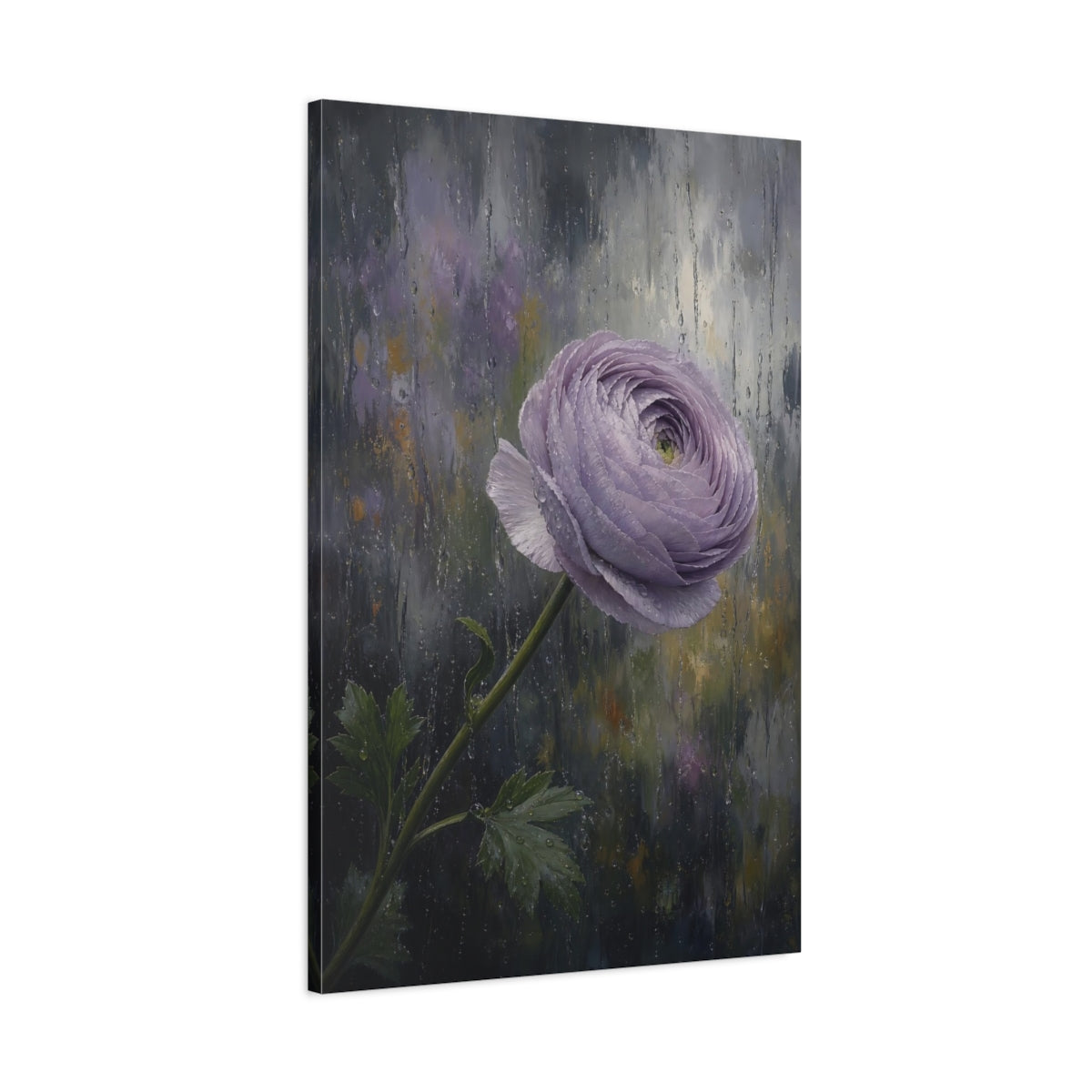 Main Mockup. Floral Ranunculus Flower Purple Ranunculus Rain shown as stretched canvas wall art