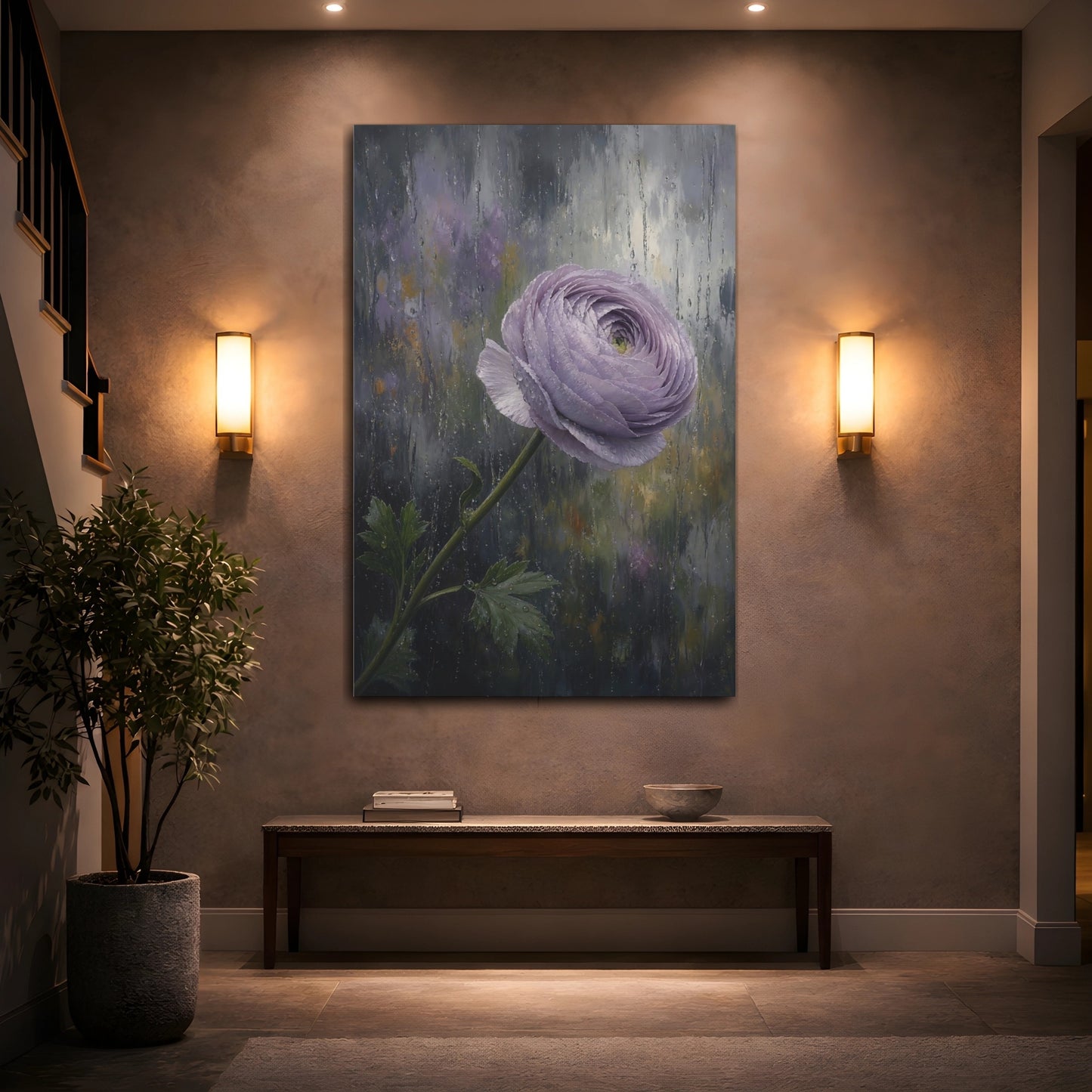 Mockup 2. Floral Ranunculus Flower Purple Ranunculus Rain shown as stretched canvas wall art
