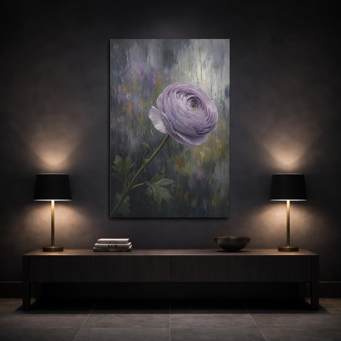 Mockup 3. Floral Ranunculus Flower Purple Ranunculus Rain shown as stretched canvas wall art