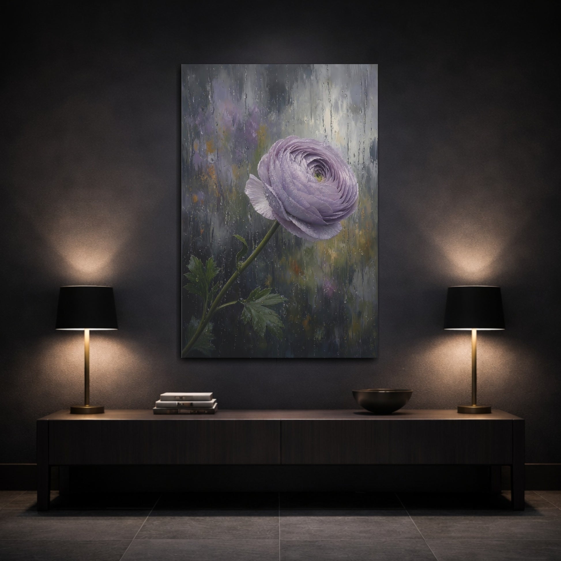 Mockup 3. Floral Ranunculus Flower Purple Ranunculus Rain shown as stretched canvas wall art