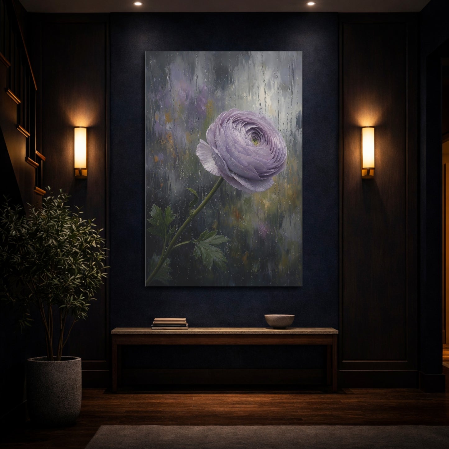 Mockup 4. Floral Ranunculus Flower Purple Ranunculus Rain shown as stretched canvas wall art