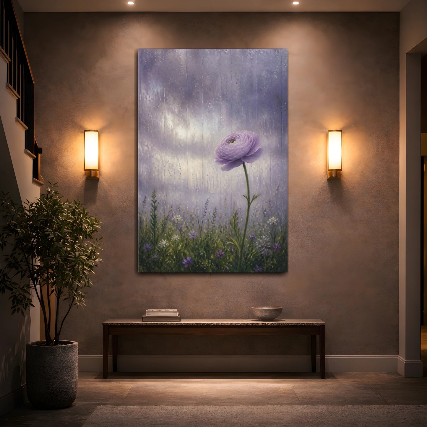 Mockup 2. Floral Ranunculus Flower Purple Ranunculus shown as stretched canvas wall art