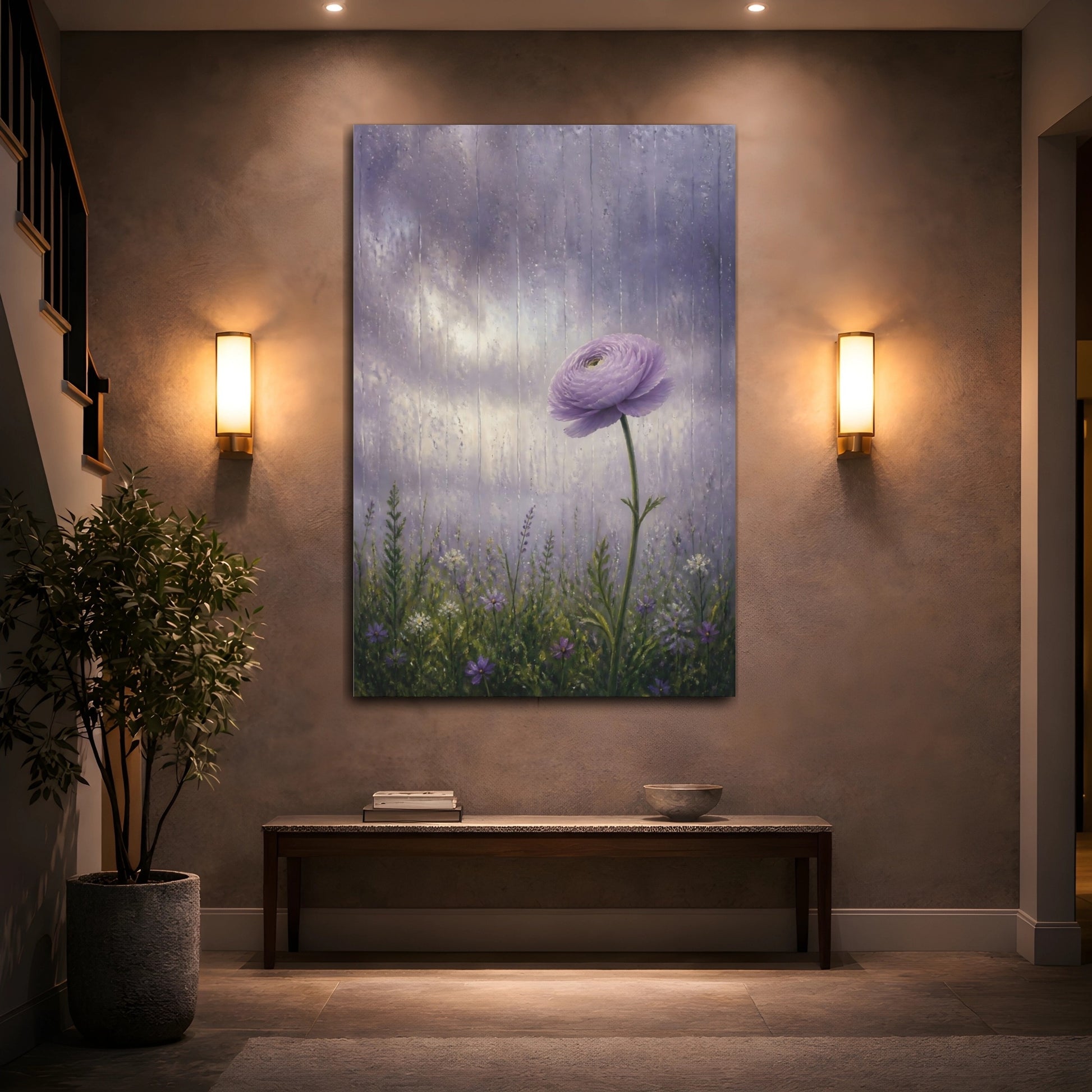 Mockup 2. Floral Ranunculus Flower Purple Ranunculus shown as stretched canvas wall art