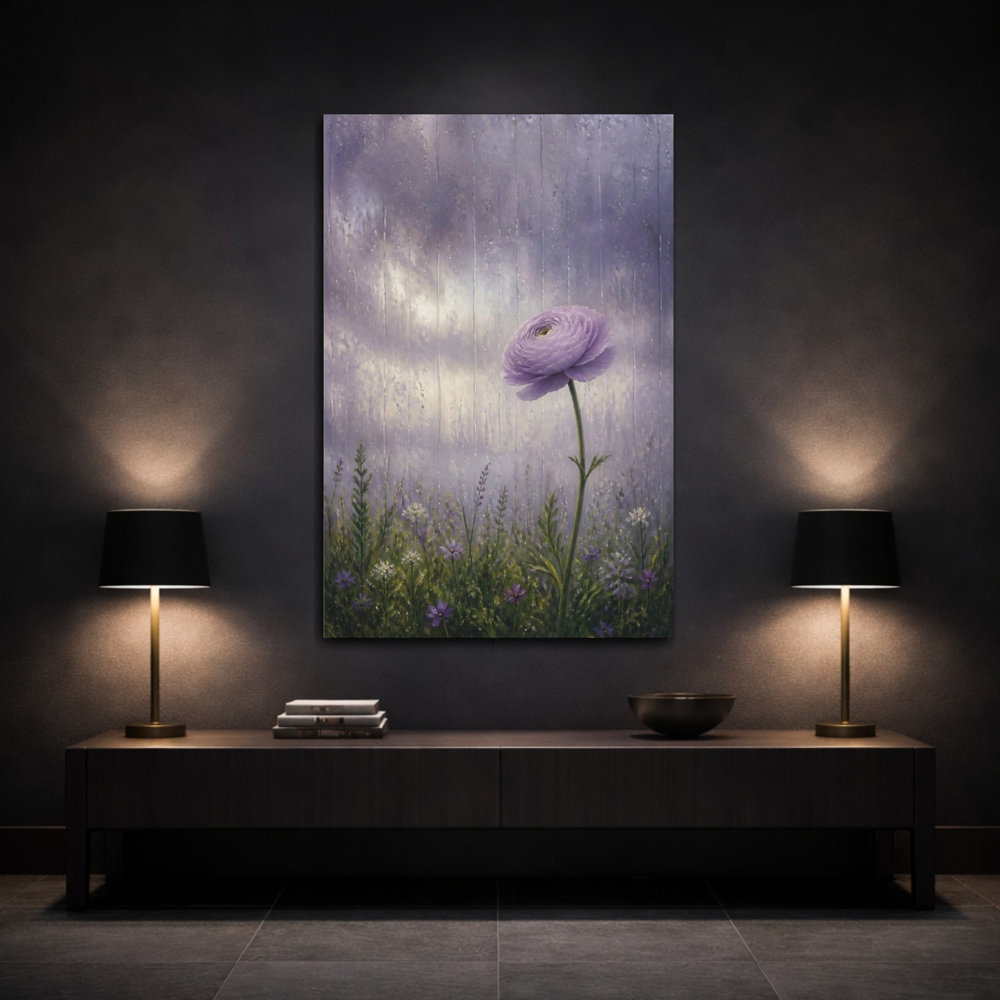 Mockup 3. Floral Ranunculus Flower Purple Ranunculus shown as stretched canvas wall art