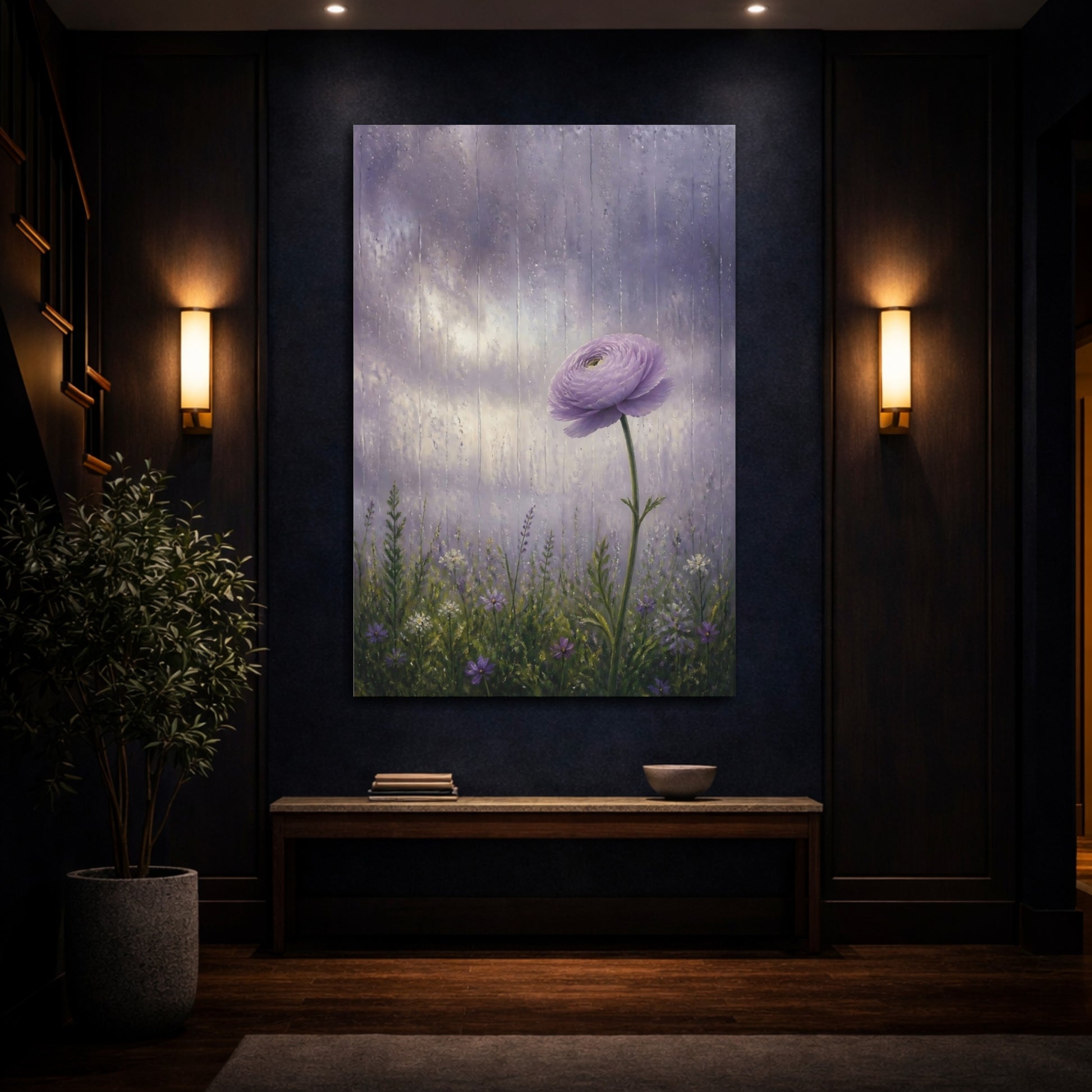 Mockup 4. Floral Ranunculus Flower Purple Ranunculus shown as stretched canvas wall art