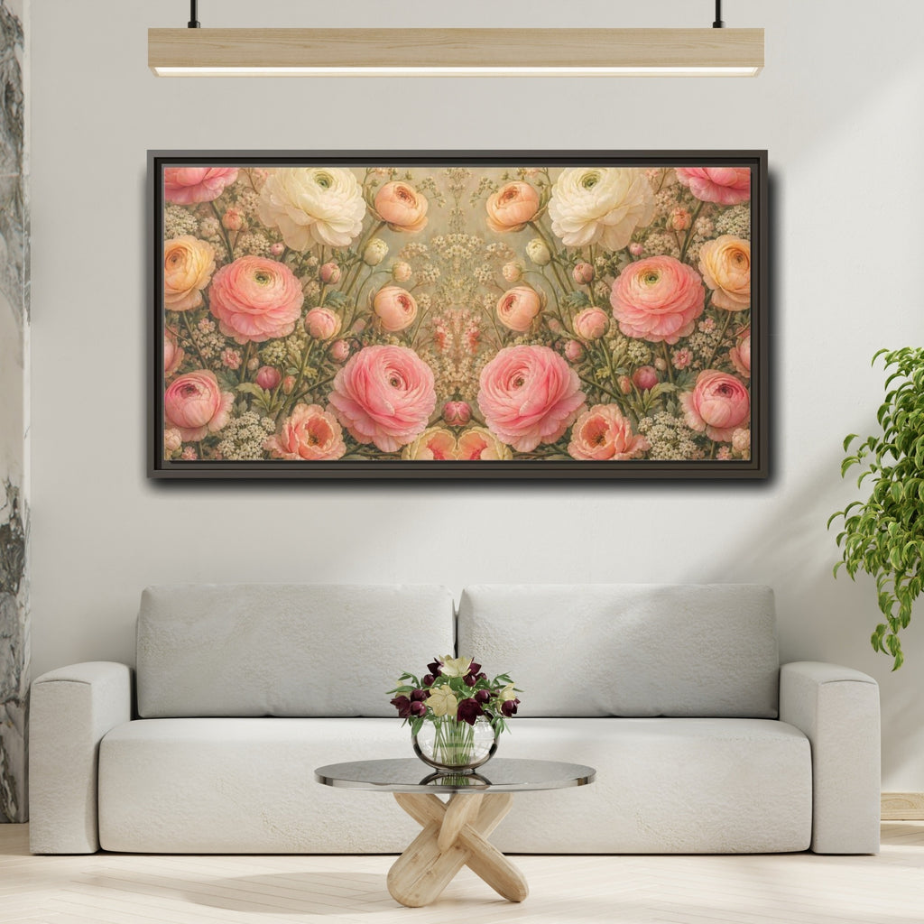Mockup 2. Floral Ranunculus Flowers Pink Floral shown as stretched canvas wall art