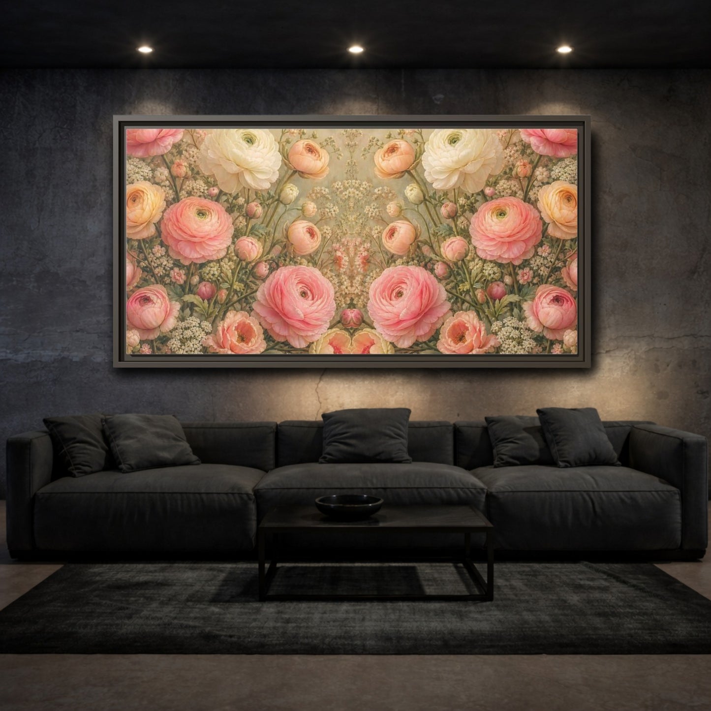 Mockup 3. Floral Ranunculus Flowers Pink Floral shown as stretched canvas wall art