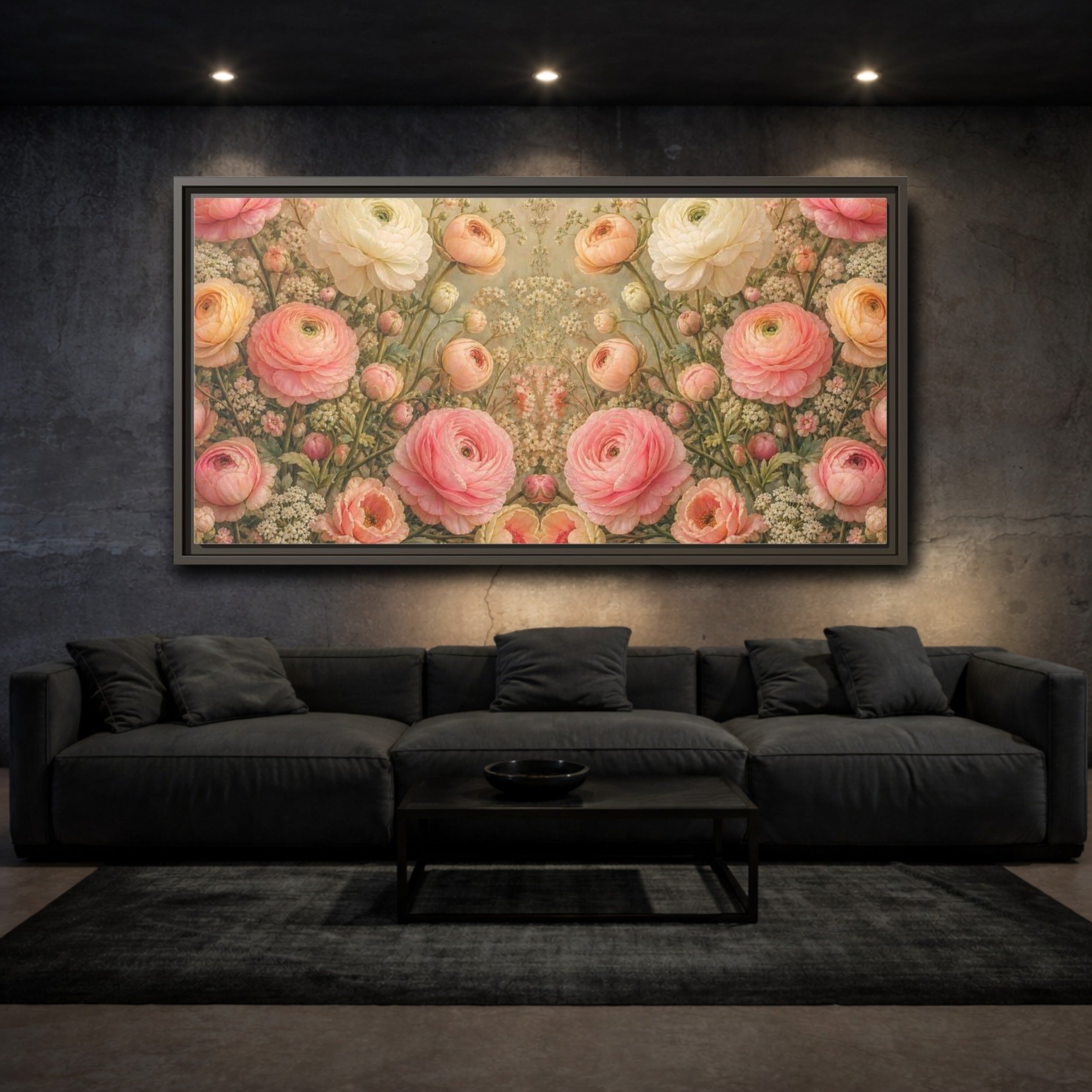 Mockup 3. Floral Ranunculus Flowers Pink Floral shown as stretched canvas wall art
