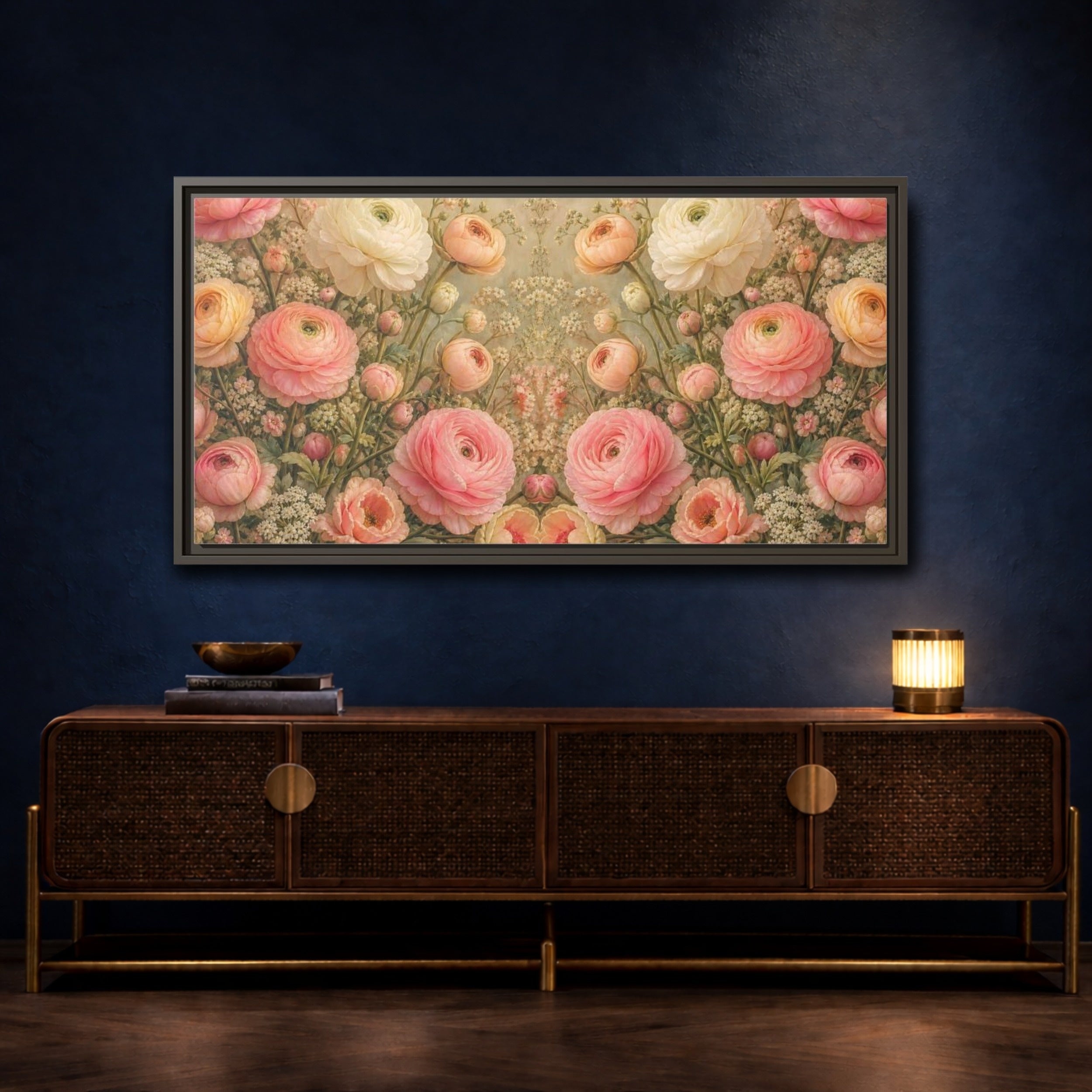 Mockup 4. Floral Ranunculus Flowers Pink Floral shown as stretched canvas wall art
