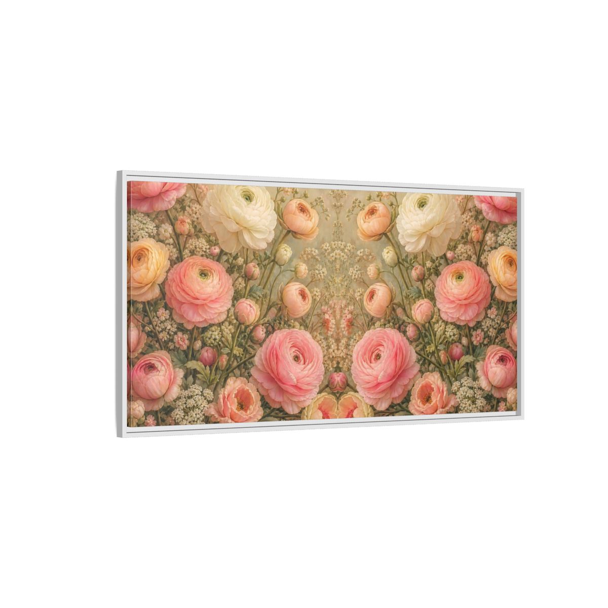 Side Mockup 3. Floral Ranunculus Flowers Pink Floral shown as stretched canvas wall art