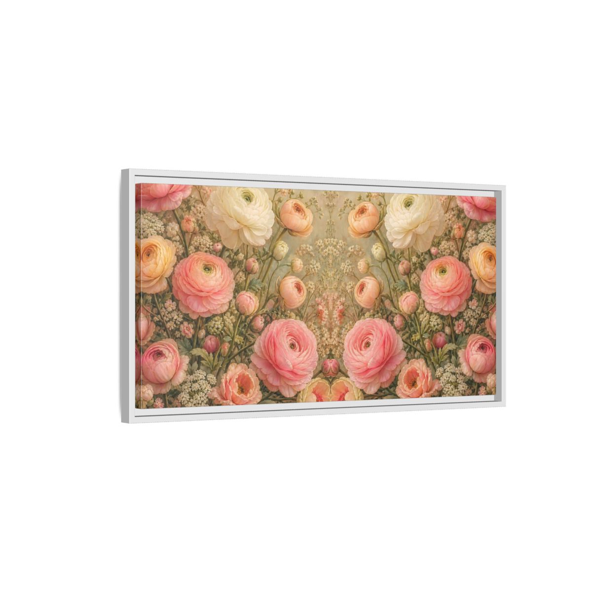 Side Mockup 1. Floral Ranunculus Flowers Pink Floral shown as stretched canvas wall art