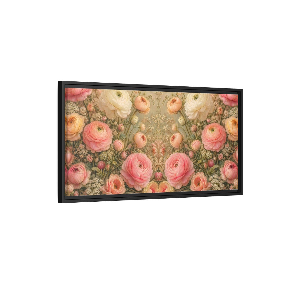 Side Mockup 2. Floral Ranunculus Flowers Pink Floral shown as stretched canvas wall art