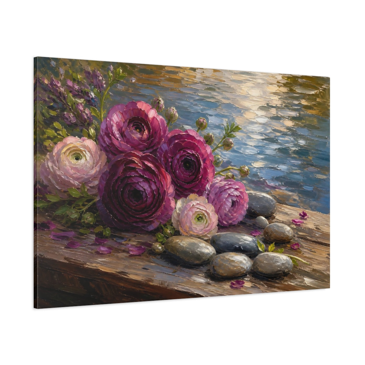 Side Mockup 1. Floral Ranunculus Flowers Purple Pink Floral shown as stretched canvas wall art