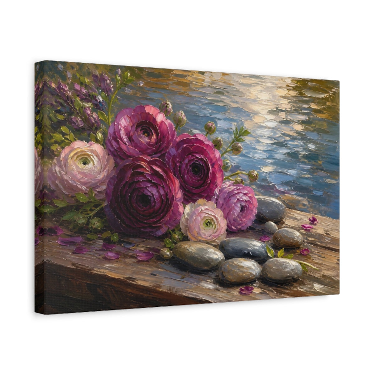 Side Mockup 4. Floral Ranunculus Flowers Purple Pink Floral shown as stretched canvas wall art