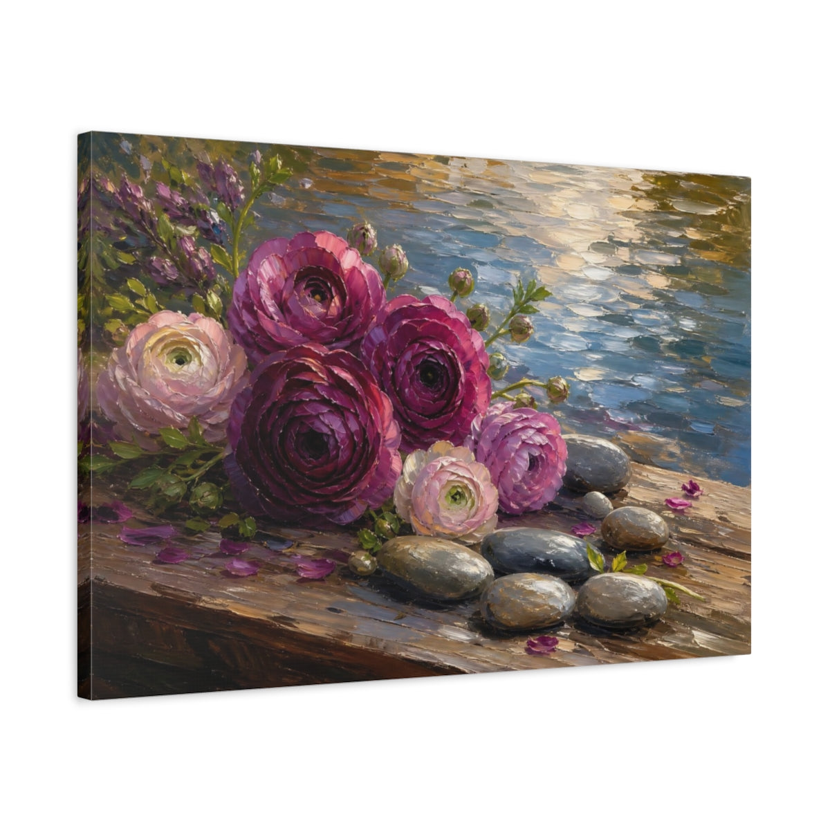 Side Mockup 2. Floral Ranunculus Flowers Purple Pink Floral shown as stretched canvas wall art