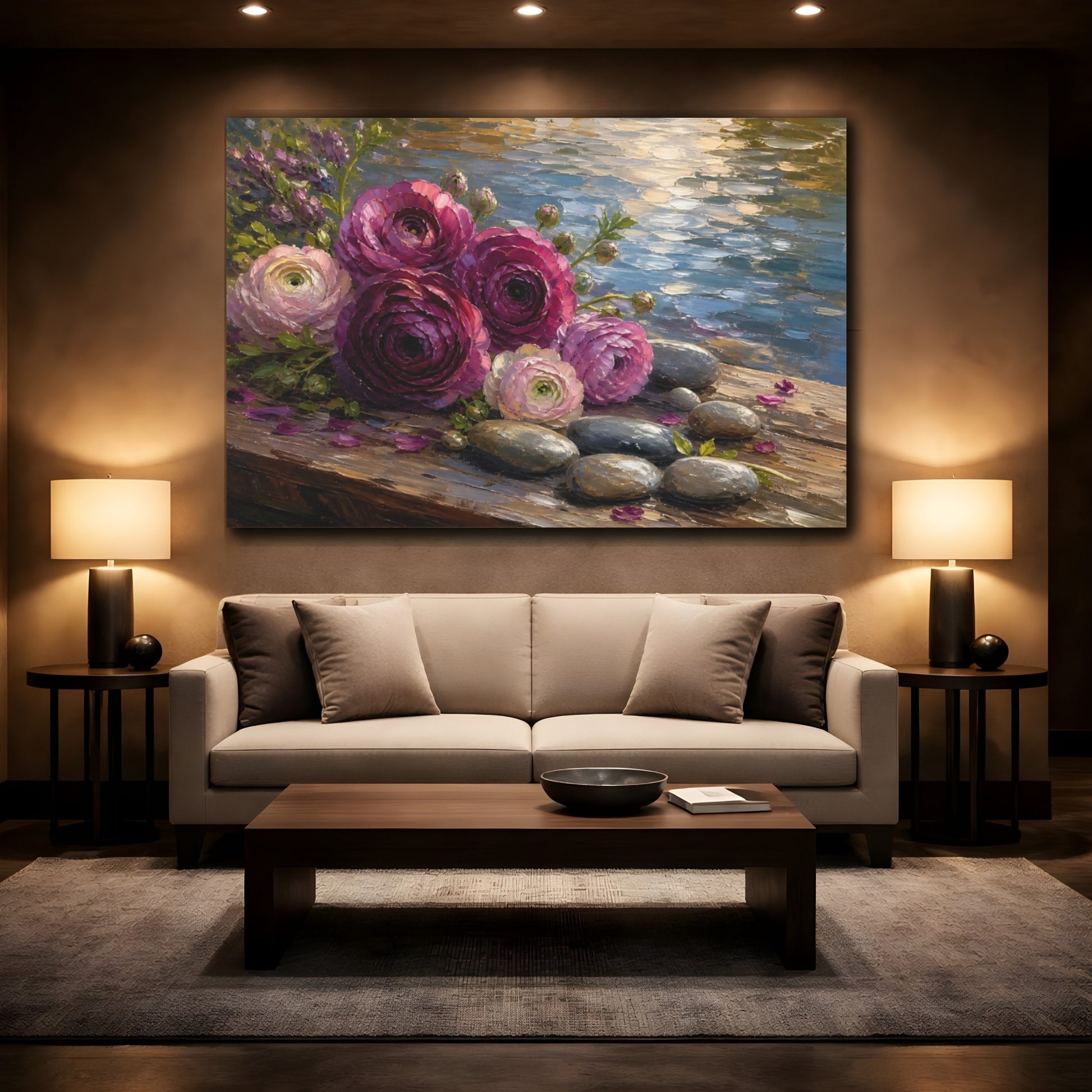 Mockup 2. Floral Ranunculus Flowers Purple Pink Floral shown as stretched canvas wall art