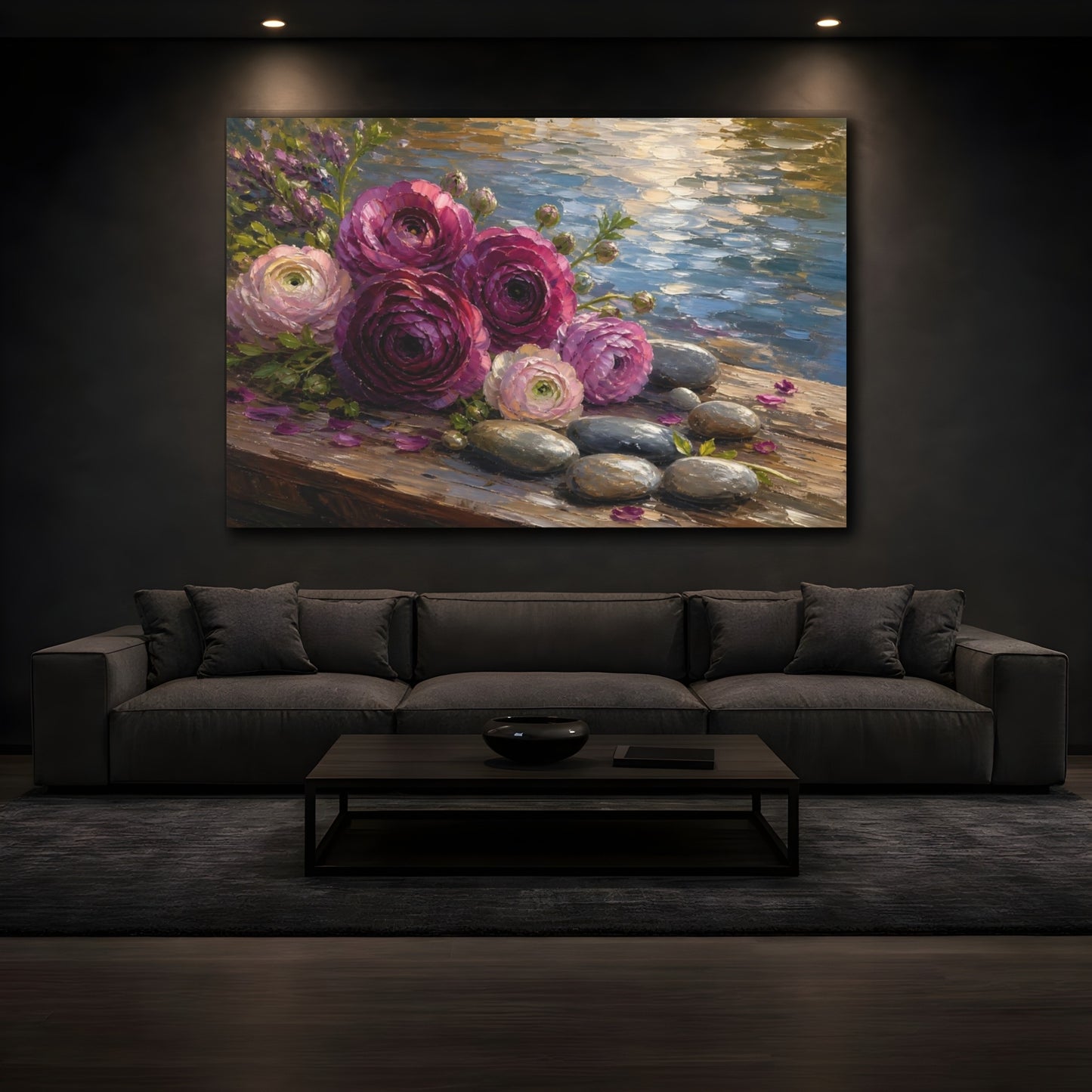 Mockup 3. Floral Ranunculus Flowers Purple Pink Floral shown as stretched canvas wall art