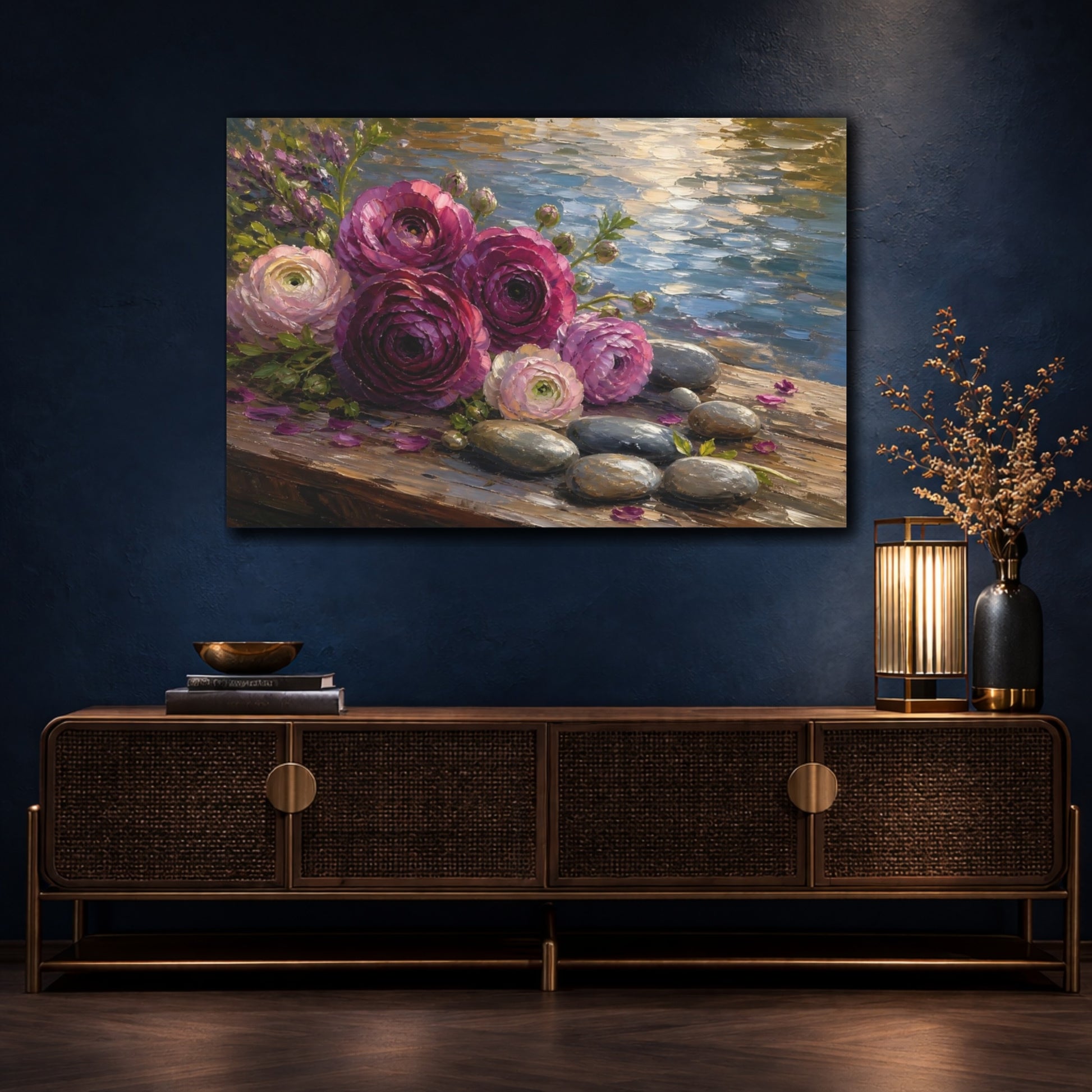 Mockup 4. Floral Ranunculus Flowers Purple Pink Floral shown as stretched canvas wall art