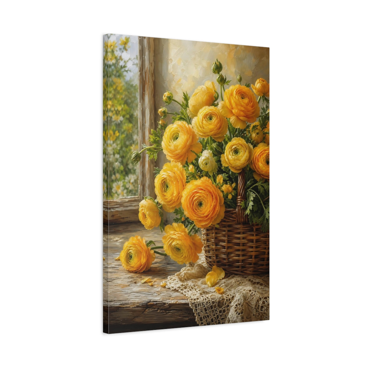 Side Mockup 2. Floral Ranunculus Flowers Yellow Floral shown as stretched canvas wall art