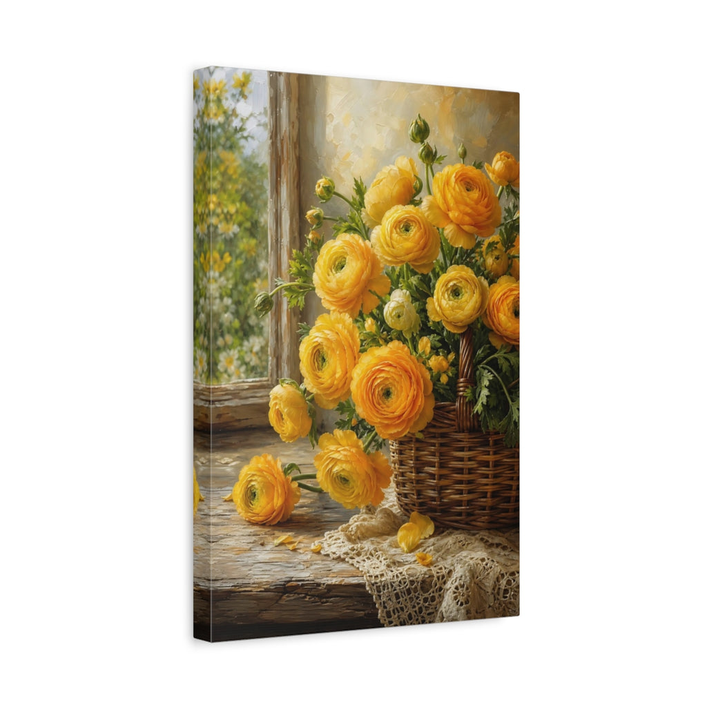 Side Mockup 4. Floral Ranunculus Flowers Yellow Floral shown as stretched canvas wall art