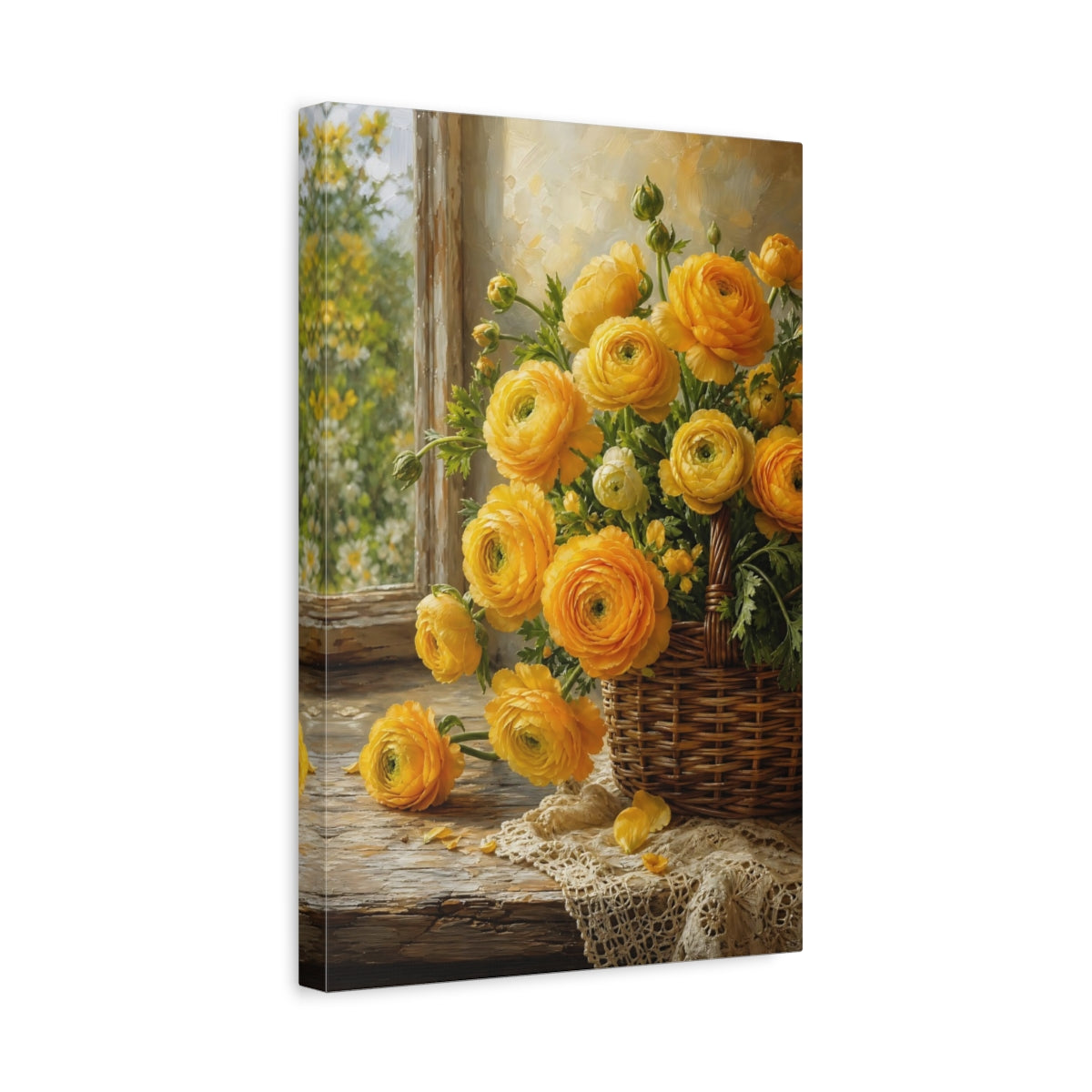 Side Mockup 4. Floral Ranunculus Flowers Yellow Floral shown as stretched canvas wall art