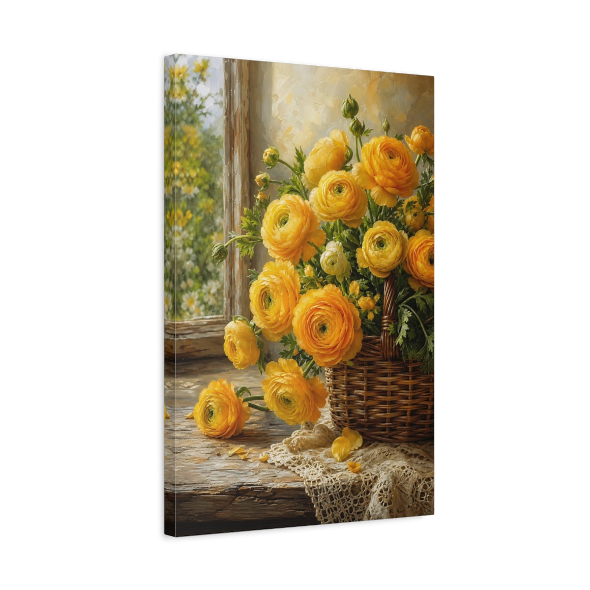 Side Mockup 3. Floral Ranunculus Flowers Yellow Floral shown as stretched canvas wall art