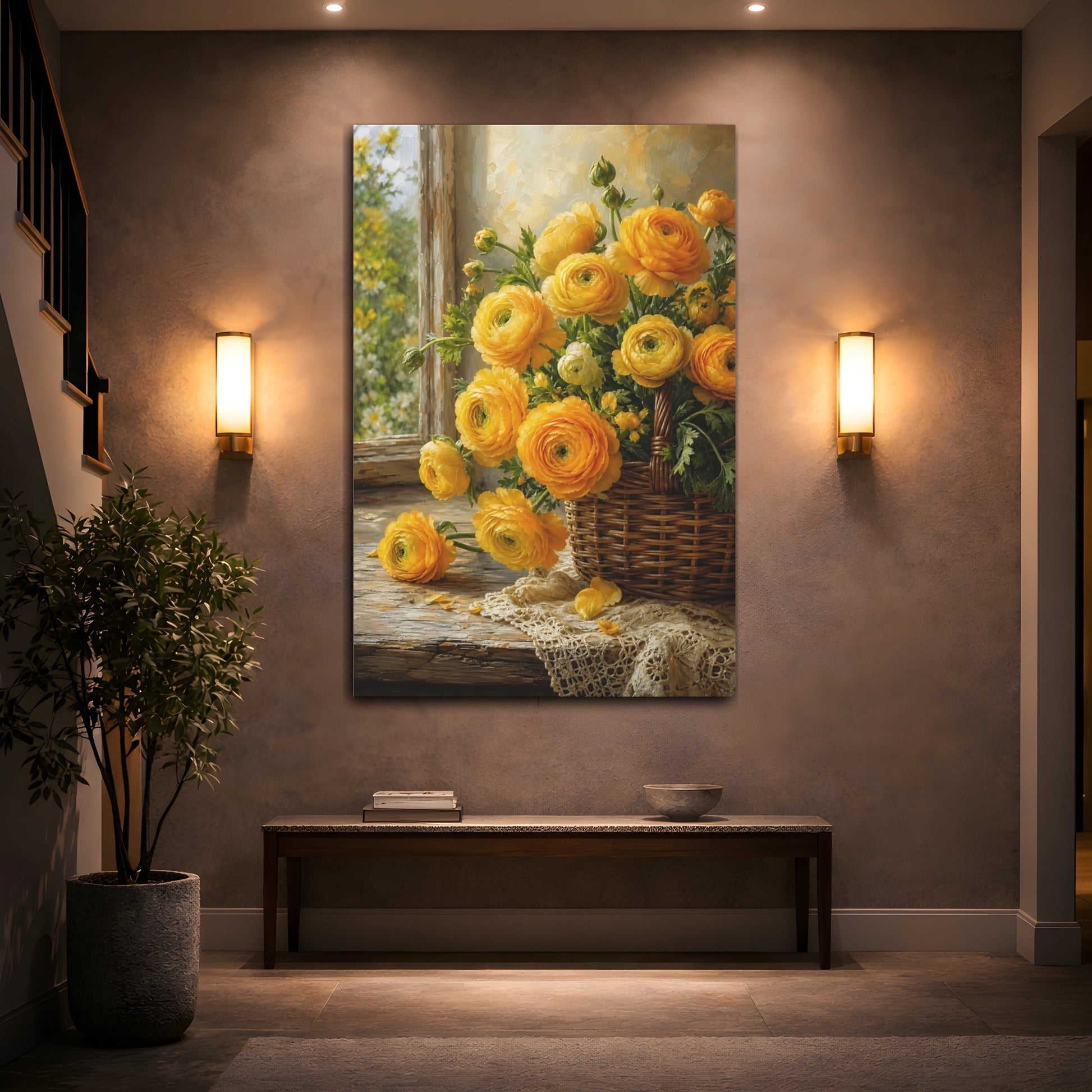 Mockup 2. Floral Ranunculus Flowers Yellow Floral shown as stretched canvas wall art