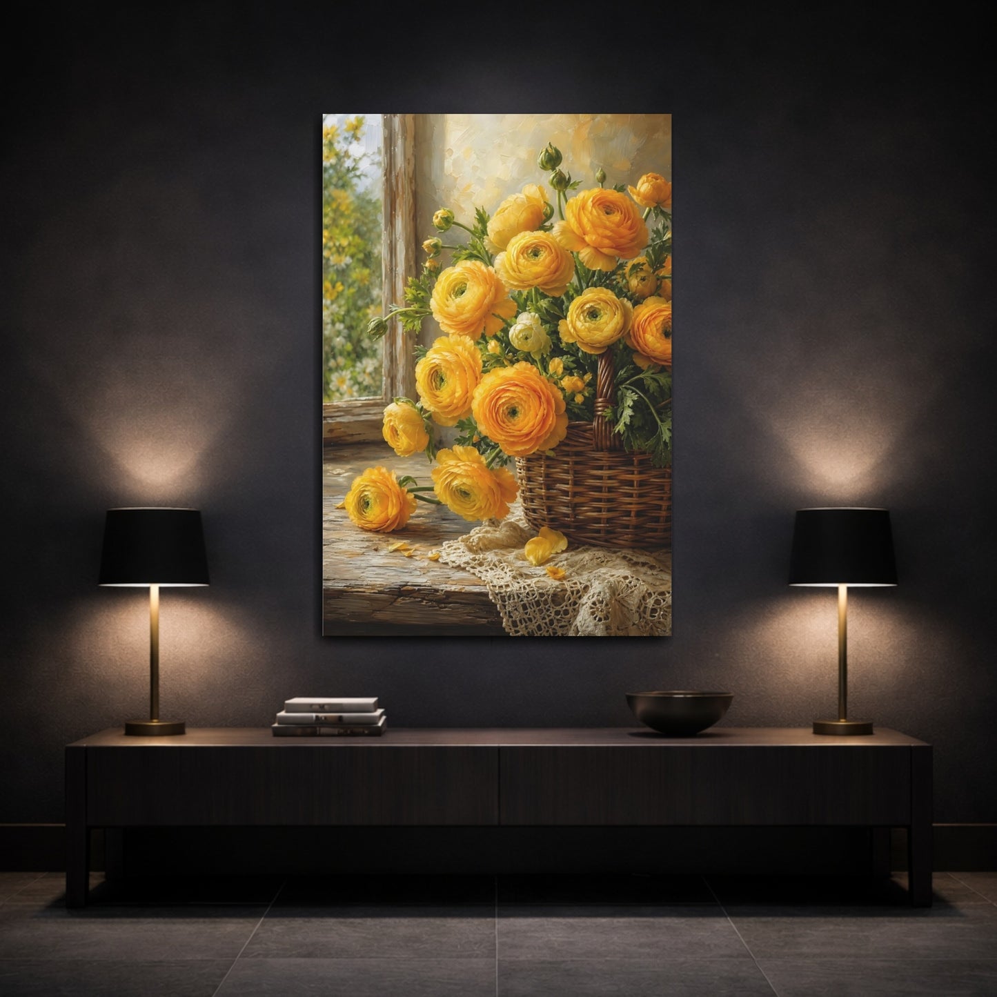 Mockup 3. Floral Ranunculus Flowers Yellow Floral shown as stretched canvas wall art