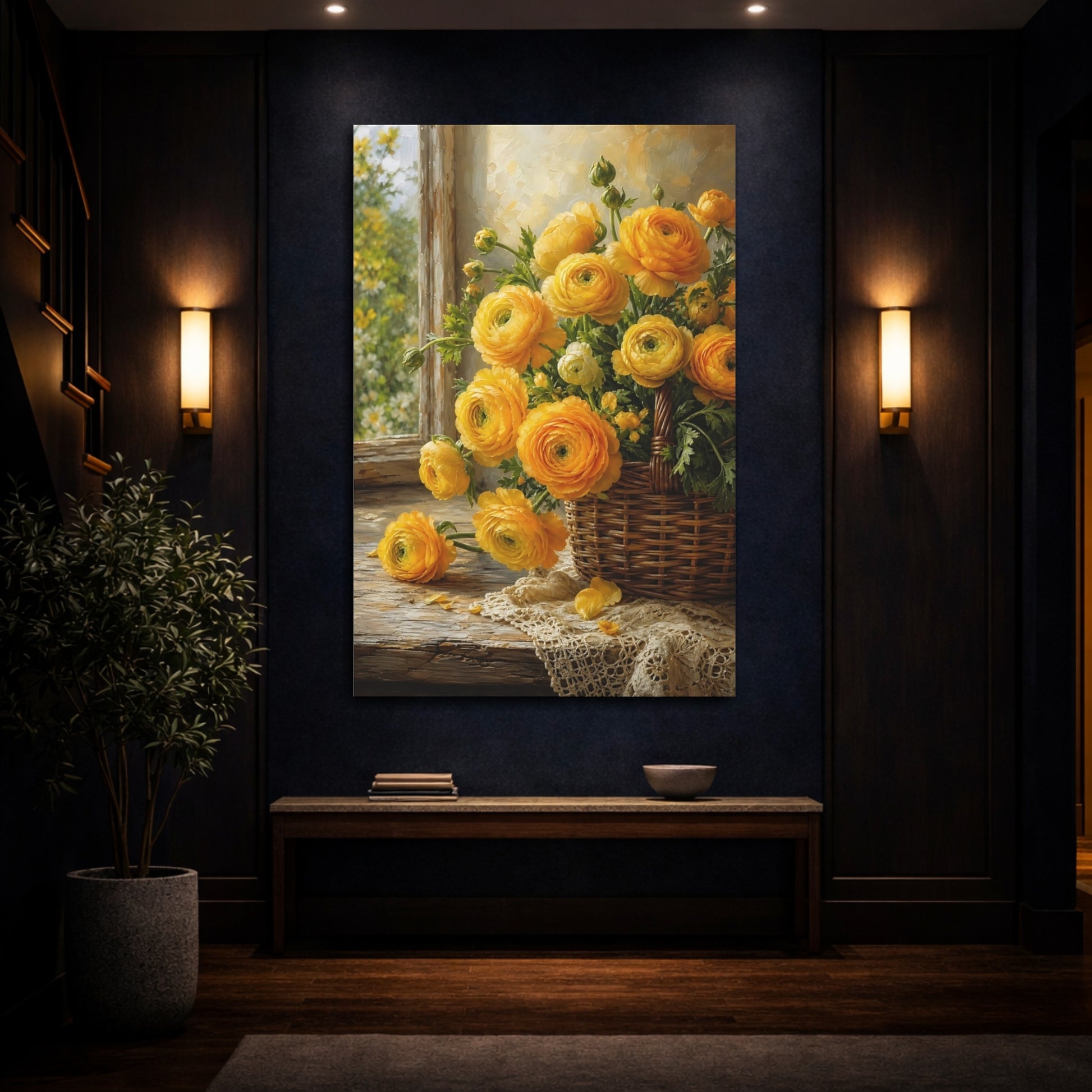 Mockup 4. Floral Ranunculus Flowers Yellow Floral shown as stretched canvas wall art