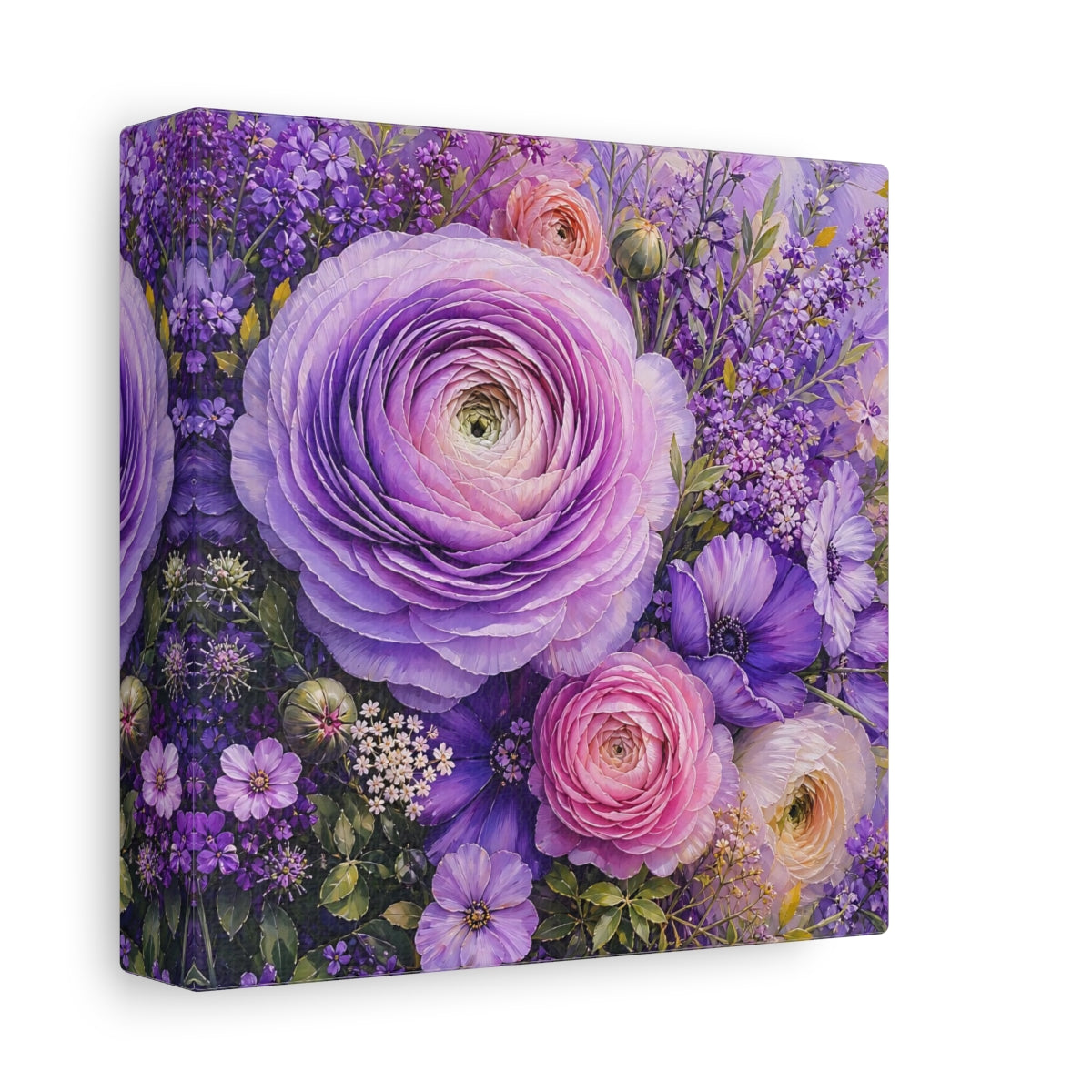 Side Mockup 2. Floral Ranunculus Purple Floral shown as stretched canvas wall art