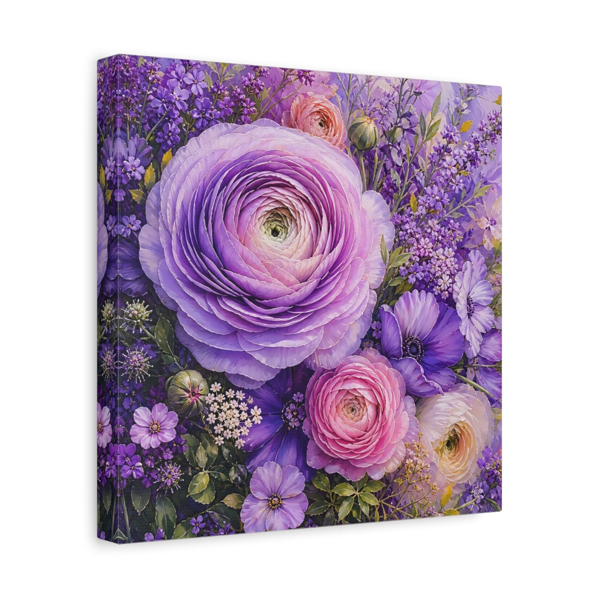 Side Mockup 8. Floral Ranunculus Purple Floral shown as stretched canvas wall art