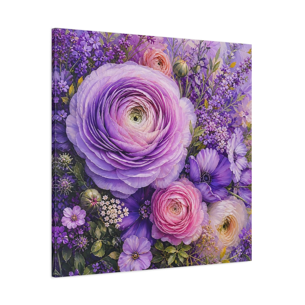 Side Mockup 1. Floral Ranunculus Purple Floral shown as stretched canvas wall art