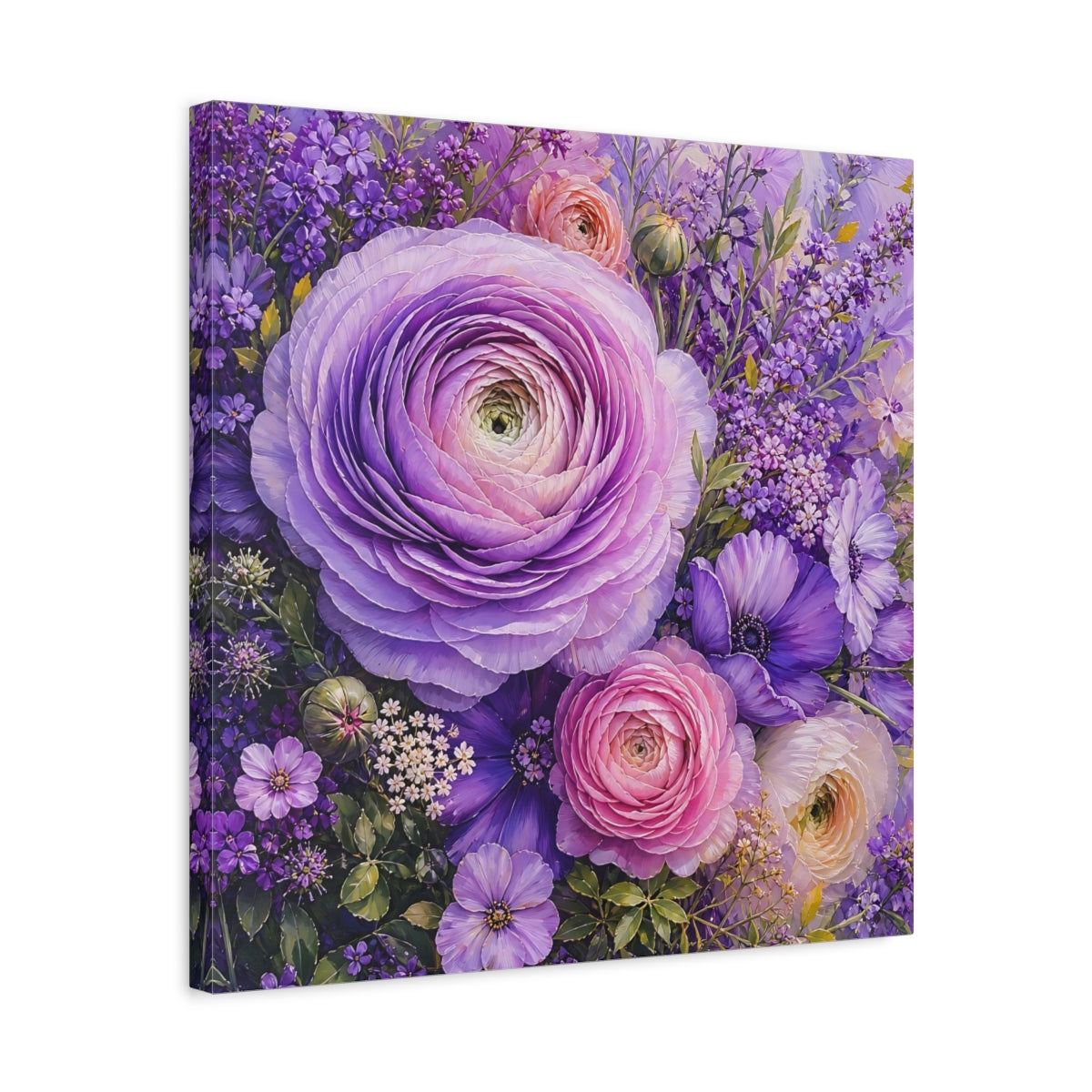 Side Mockup 5. Floral Ranunculus Purple Floral shown as stretched canvas wall art