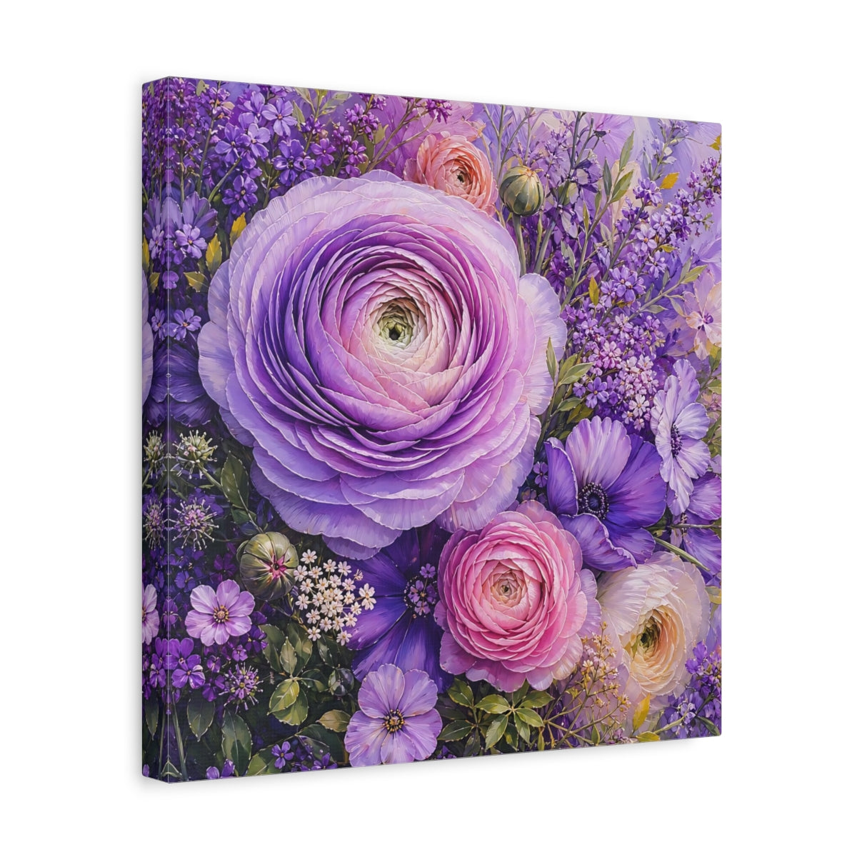 Side Mockup 7. Floral Ranunculus Purple Floral shown as stretched canvas wall art