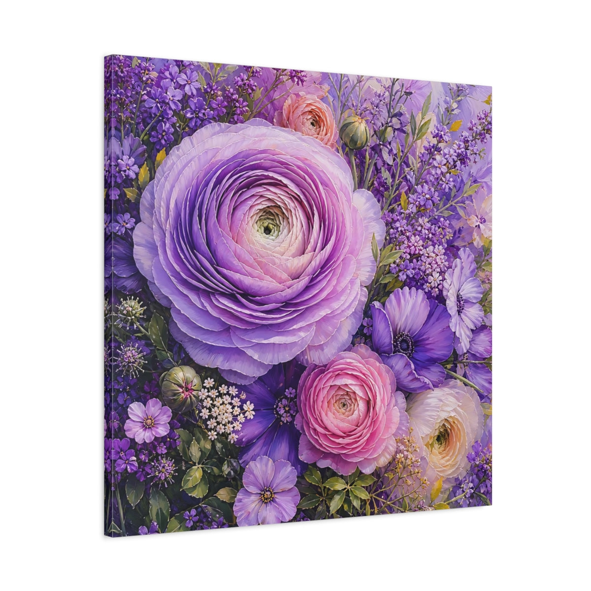 Side Mockup 3. Floral Ranunculus Purple Floral shown as stretched canvas wall art