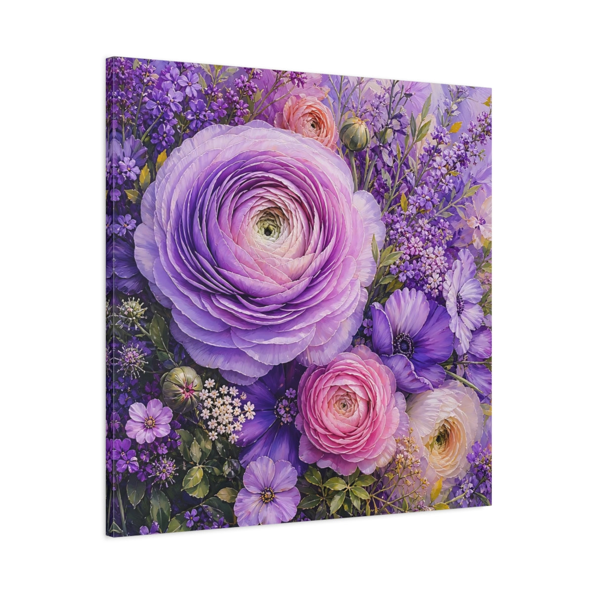 Main Mockup. Floral Ranunculus Purple Floral shown as stretched canvas wall art