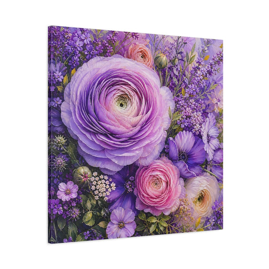Main Mockup. Floral Ranunculus Purple Floral shown as stretched canvas wall art