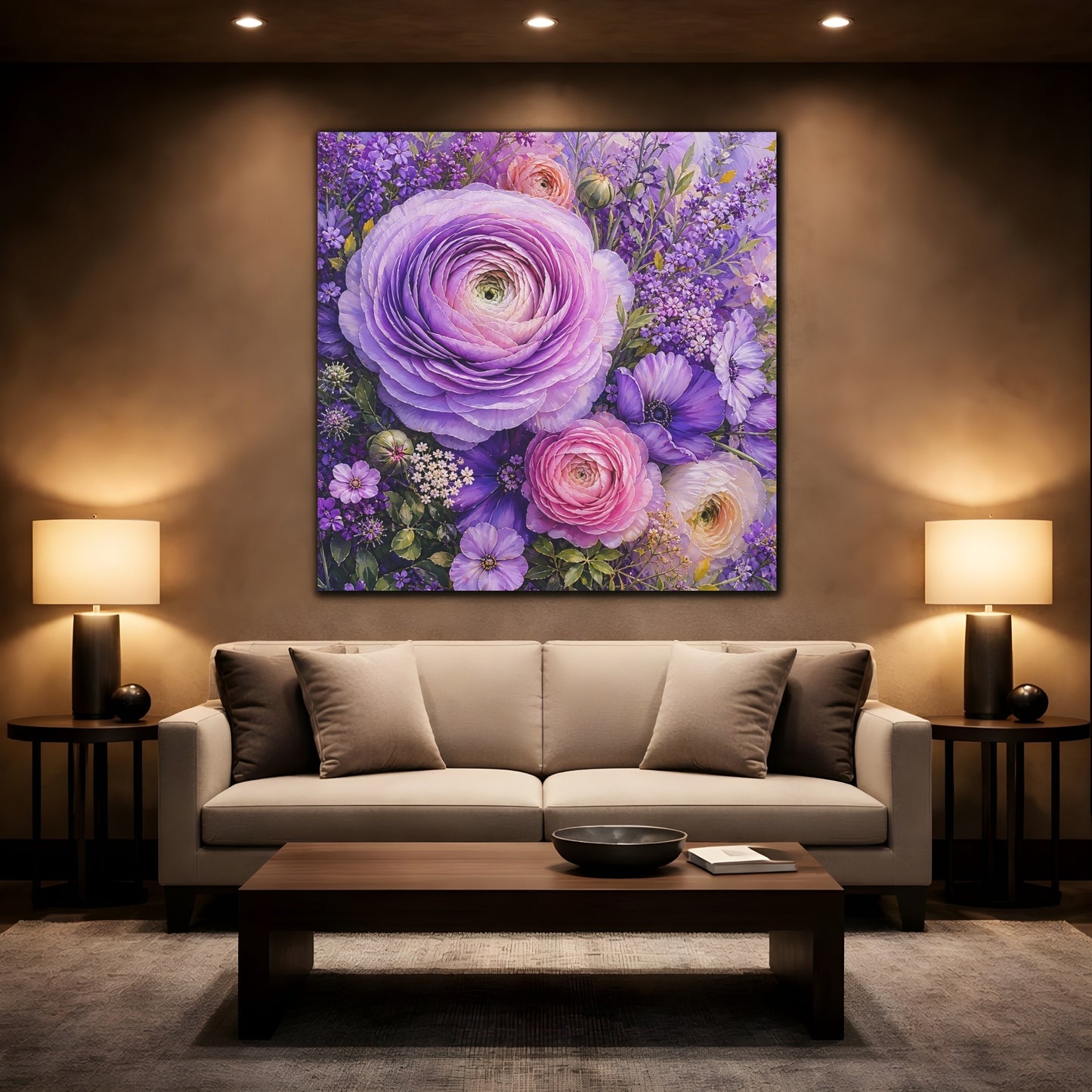 Mockup 2. Floral Ranunculus Purple Floral shown as stretched canvas wall art