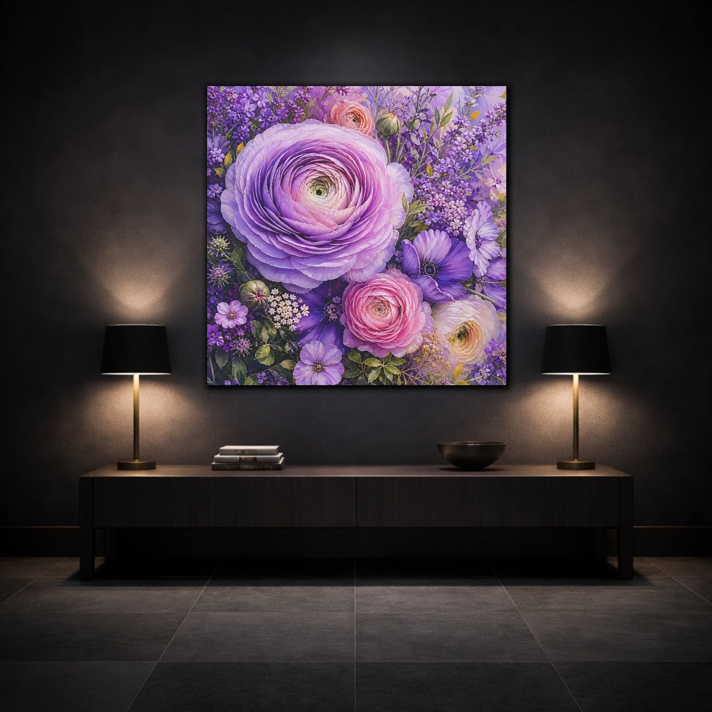 Mockup 3. Floral Ranunculus Purple Floral shown as stretched canvas wall art