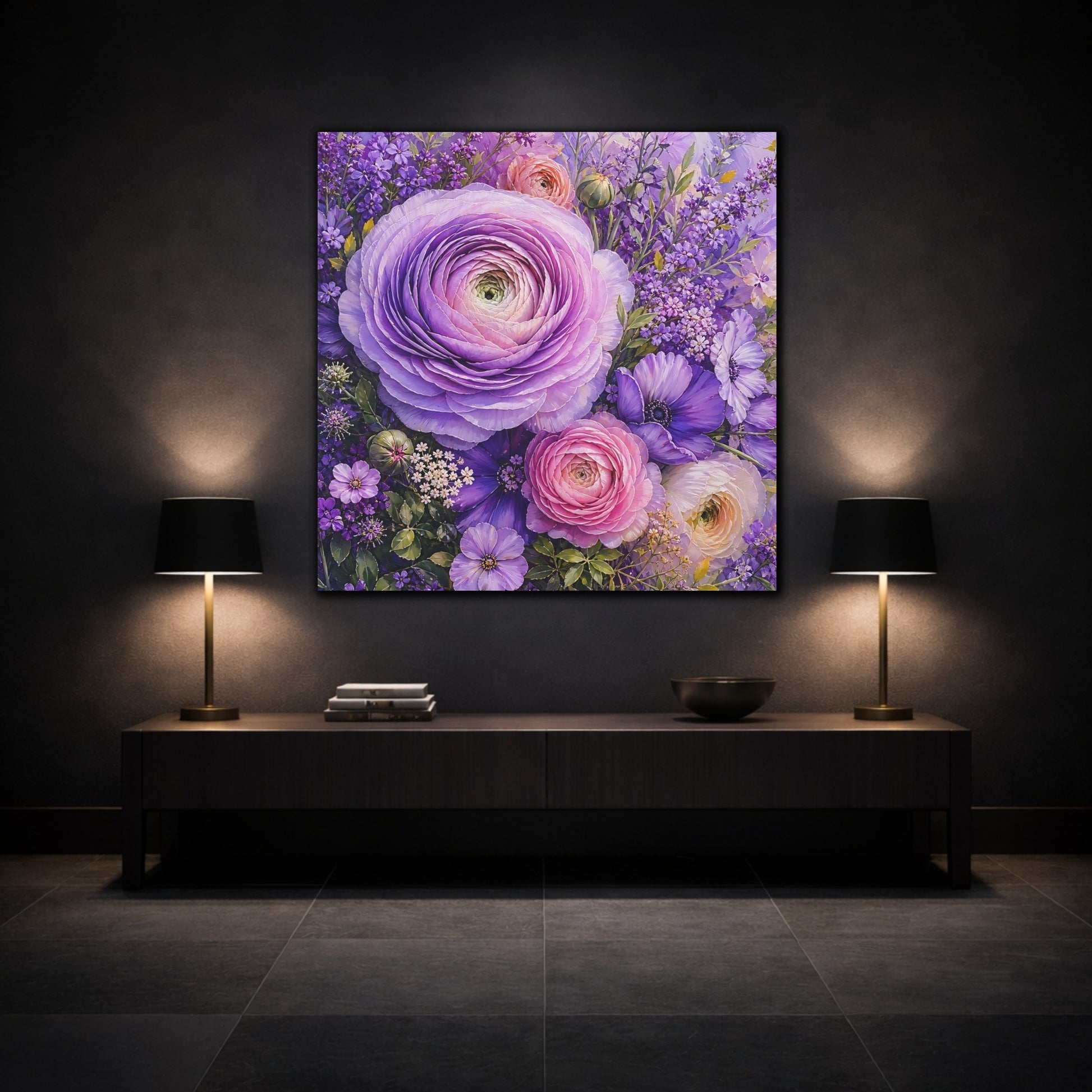 Mockup 3. Floral Ranunculus Purple Floral shown as stretched canvas wall art