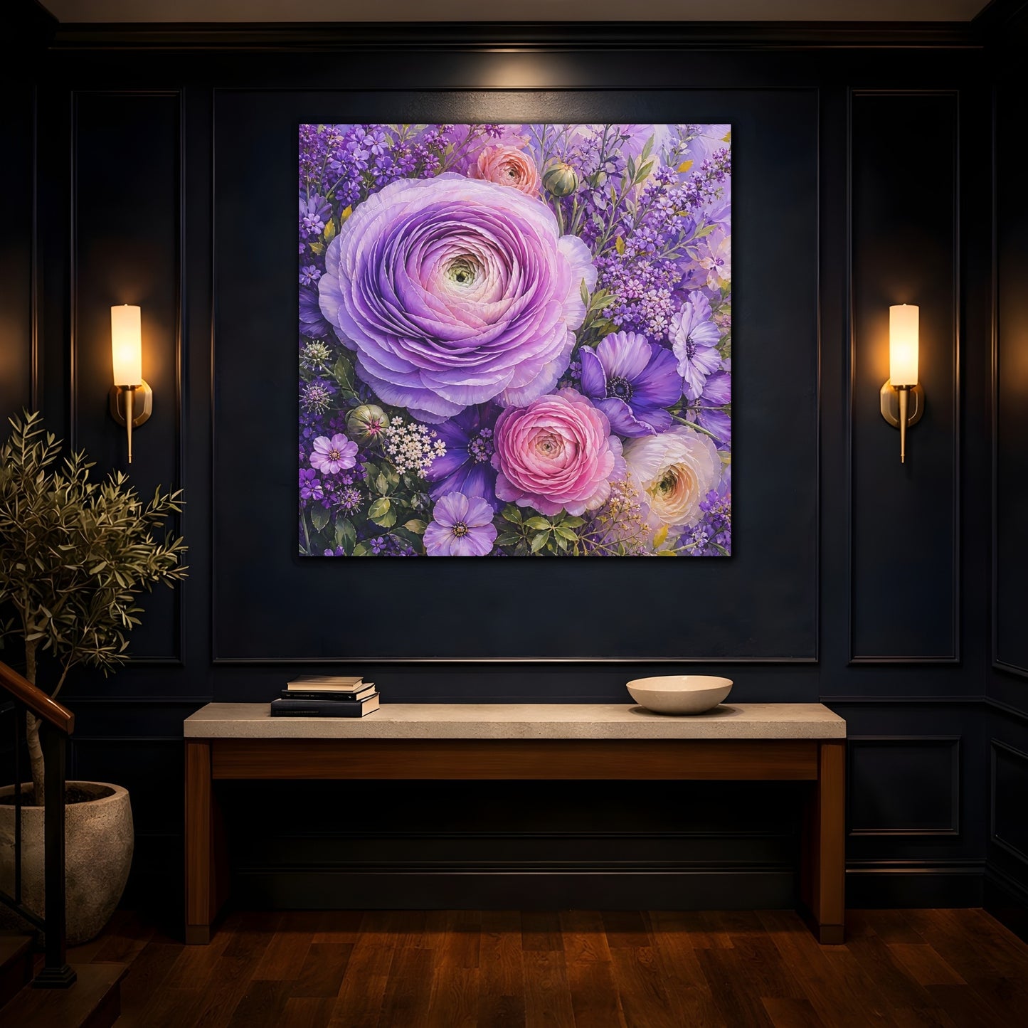 Mockup 4. Floral Ranunculus Purple Floral shown as stretched canvas wall art