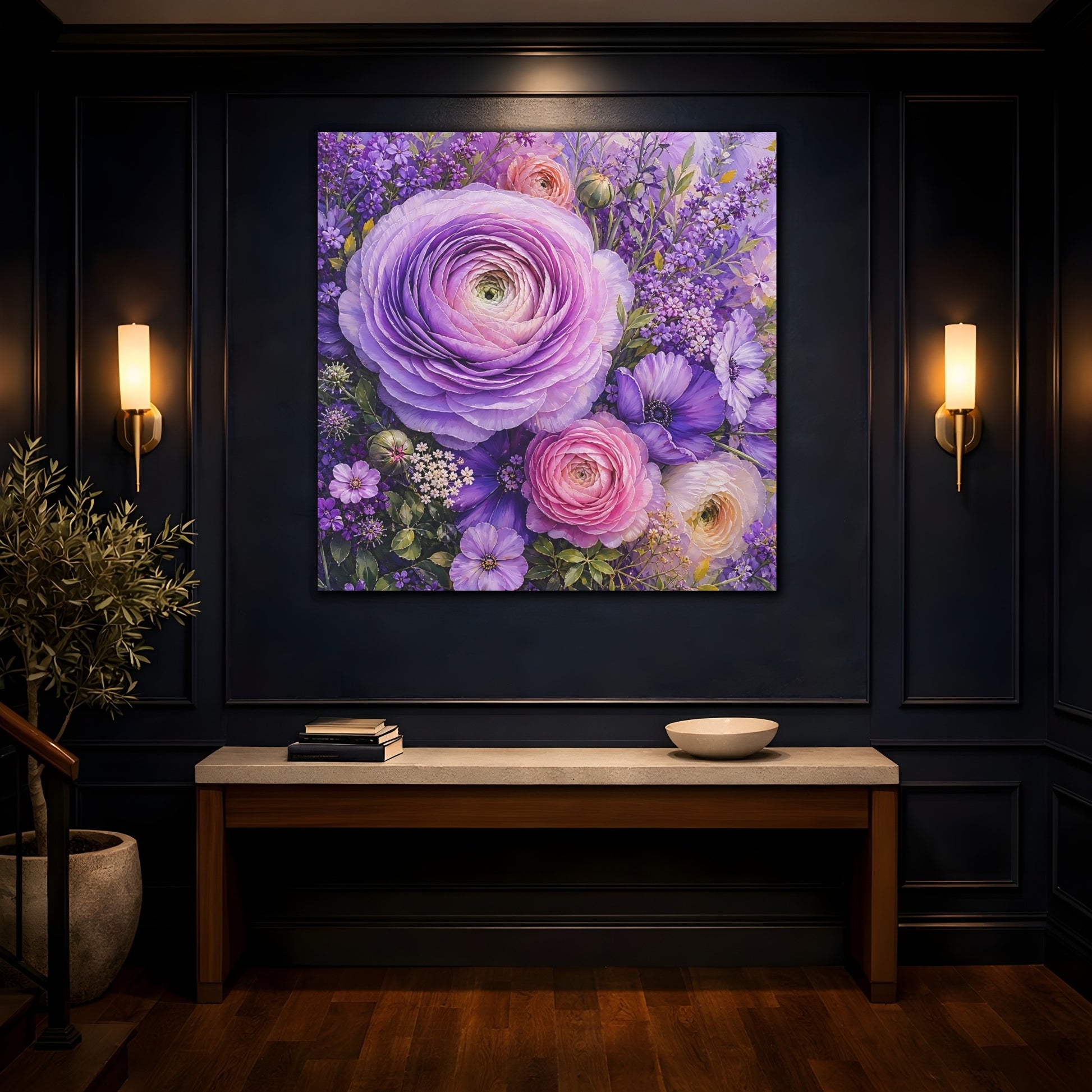 Mockup 4. Floral Ranunculus Purple Floral shown as stretched canvas wall art