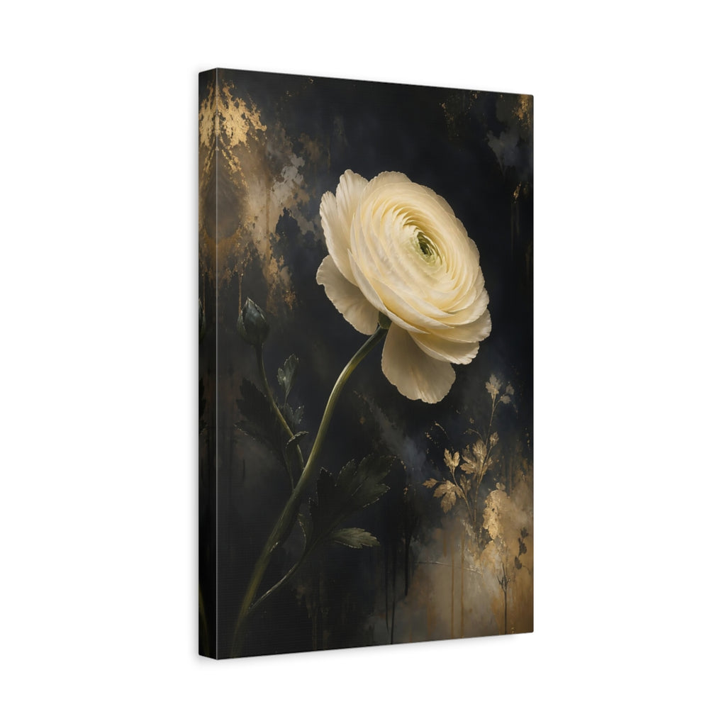 Side Mockup 4. Floral Ranunculus White Gold Floral shown as stretched canvas wall art
