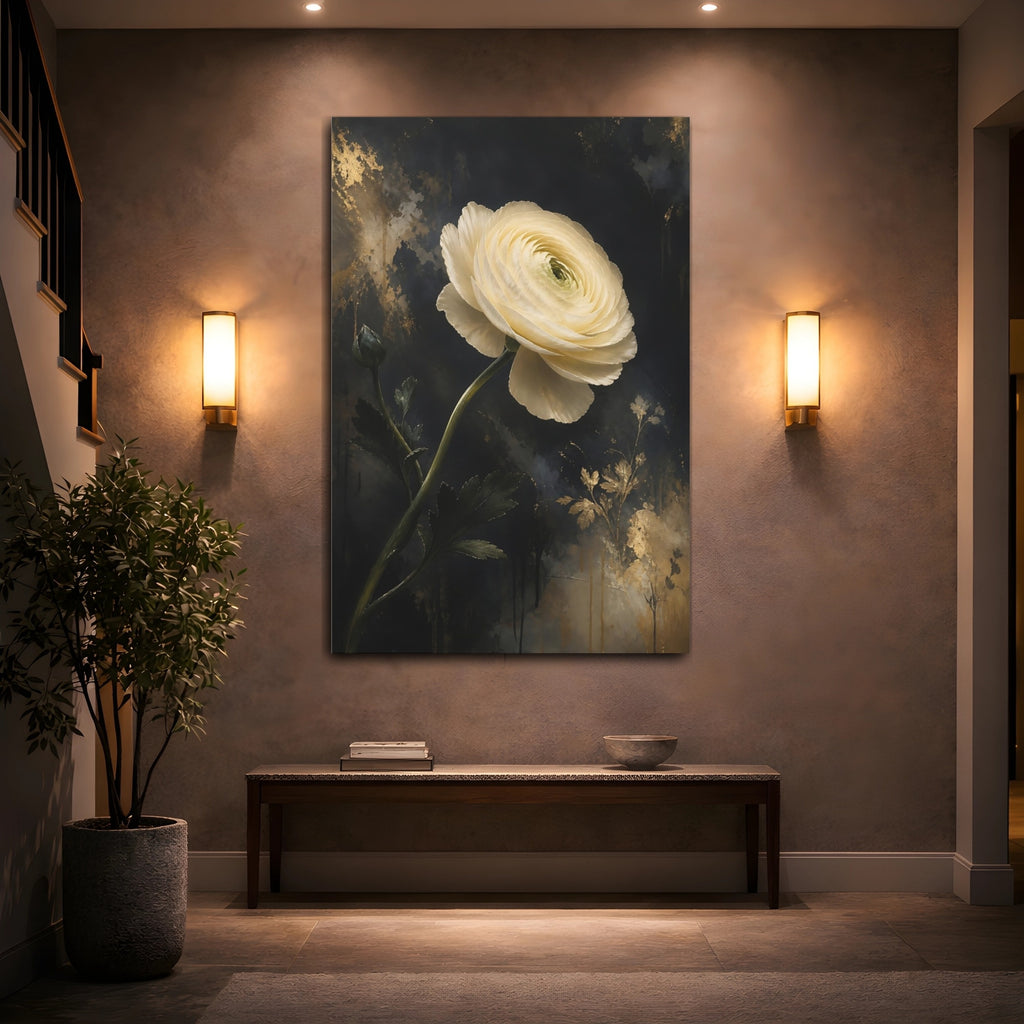 Mockup 2. Floral Ranunculus White Gold Floral shown as stretched canvas wall art