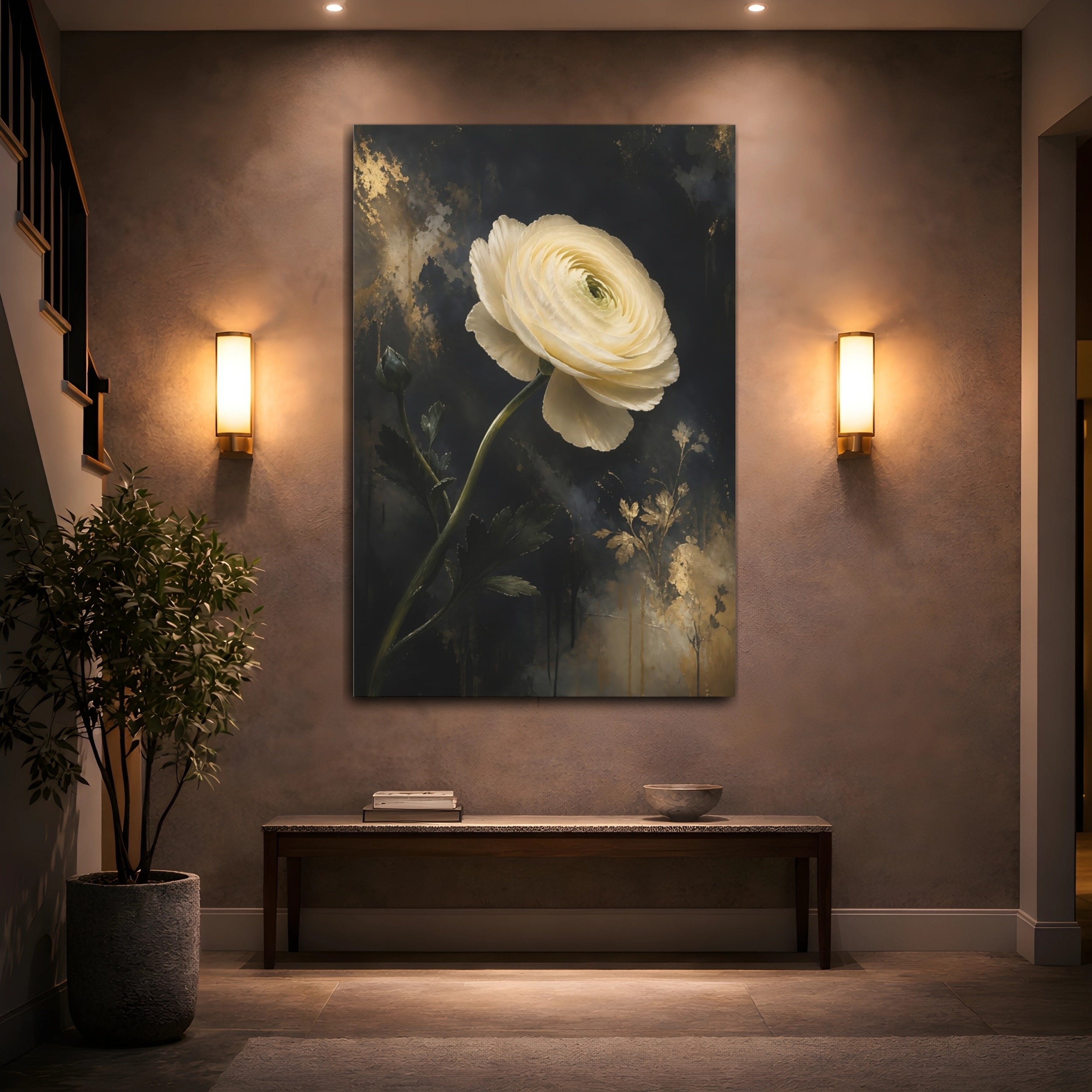 Mockup 2. Floral Ranunculus White Gold Floral shown as stretched canvas wall art