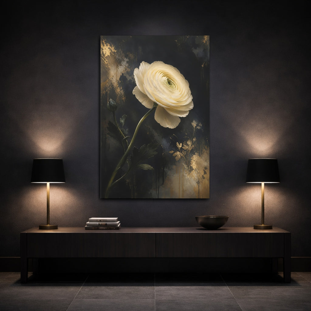 Mockup 3. Floral Ranunculus White Gold Floral shown as stretched canvas wall art