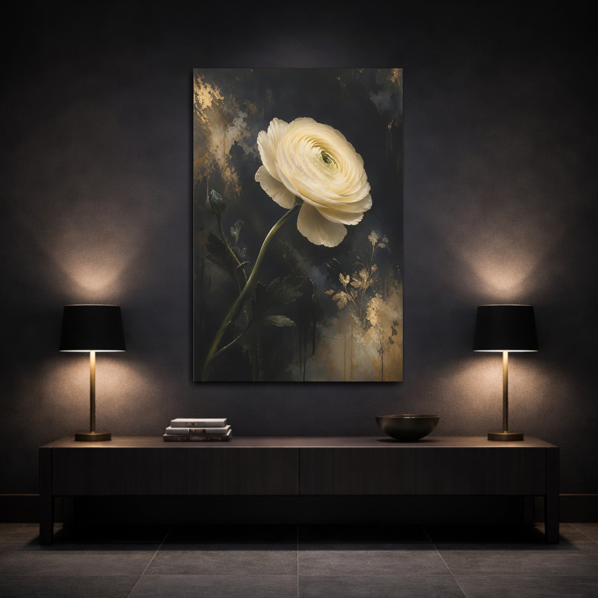 Mockup 3. Floral Ranunculus White Gold Floral shown as stretched canvas wall art
